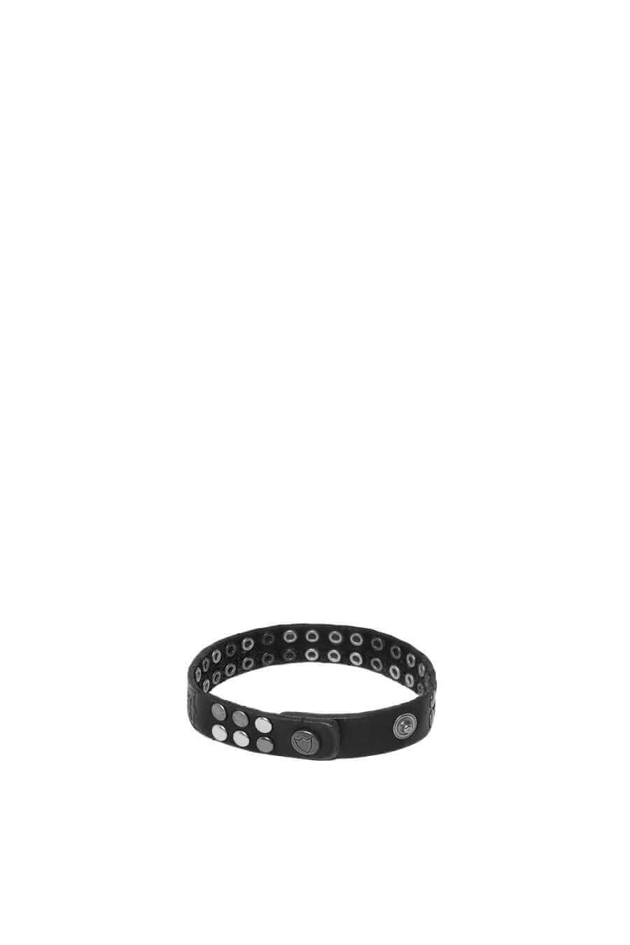 10.000 MINI BR Black leather bracelet with double line studs, zamac button closure with carved HTC Los Angeles logo. 100% Made in Italy. HTC LOS ANGELES
