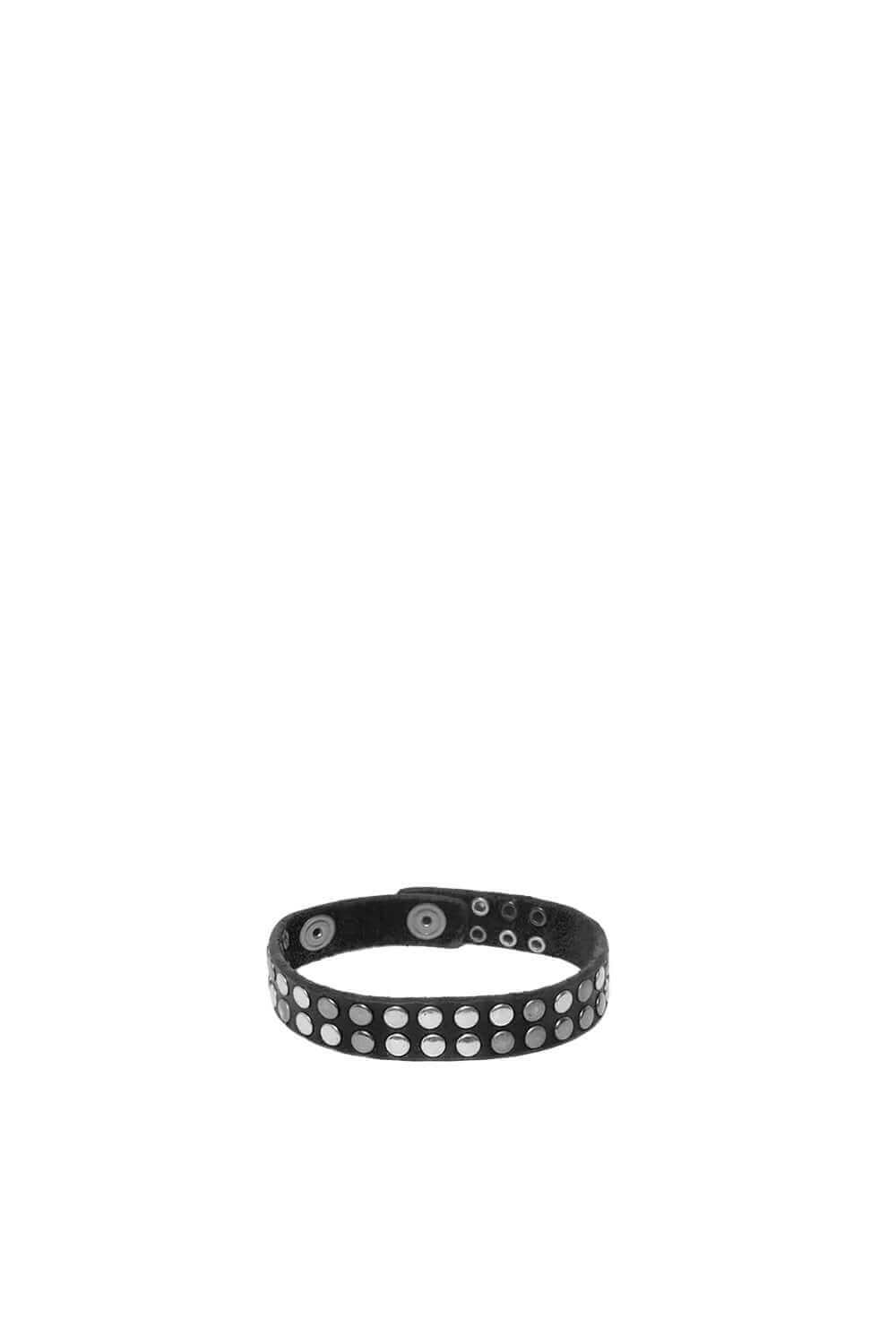 10.000 MINI BR Black leather bracelet with double line studs, zamac button closure with carved HTC Los Angeles logo. 100% Made in Italy. HTC LOS ANGELES