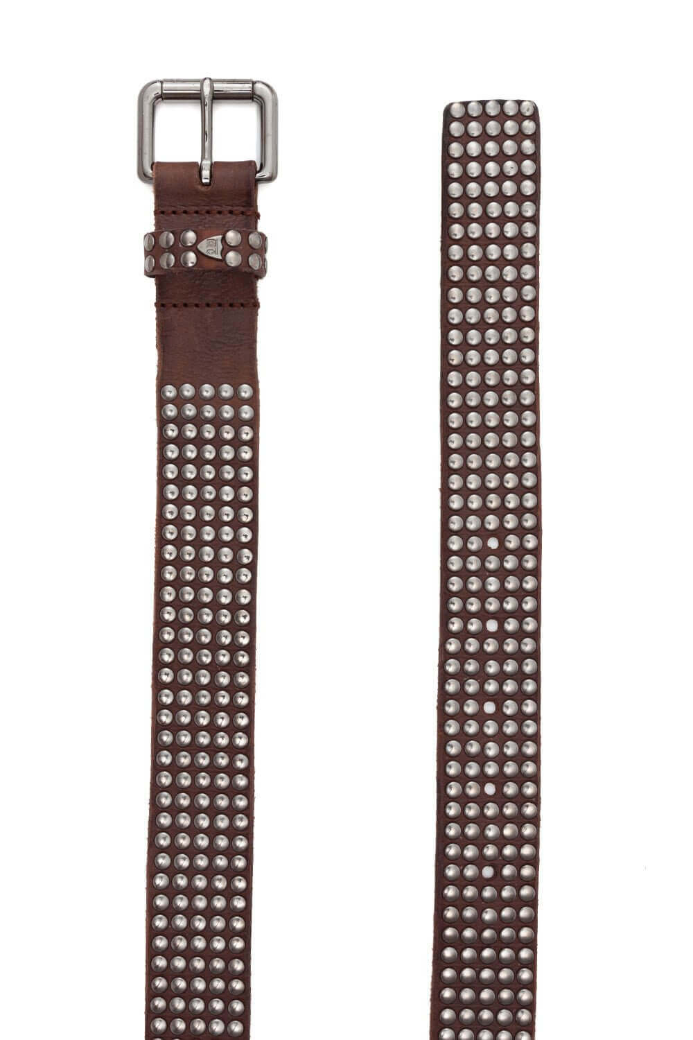 5.000 STUDS BELT Brown leather belt with studs, brass buckle, studded zamac belt loop with HTC logo rivet. Height: 3.5 cm. Made in Italy. HTC LOS ANGELES