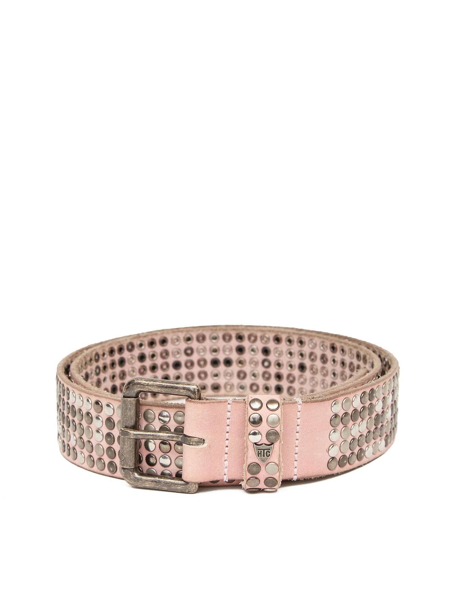 5.000 STUDS COLOR BELT Pink leather belt with mixed studs, brass buckle, studded zamac belt loop with HTC logo rivet. Height: 3.5 cm. Made in Italy. HTC LOS ANGELES
