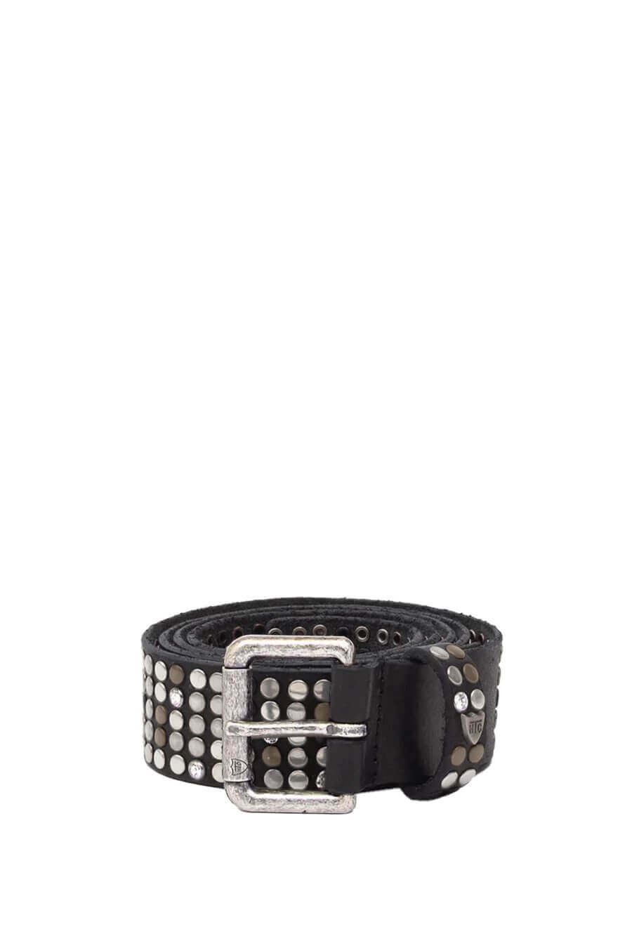 5.000 STUDS DELUXE BELT Black leather belt with mixed studs and rhinestones, brass buckle, studded zamac belt loop with HTC logo rivet. Height: 3.5 cm. Made in Italy. HTC LOS ANGELES