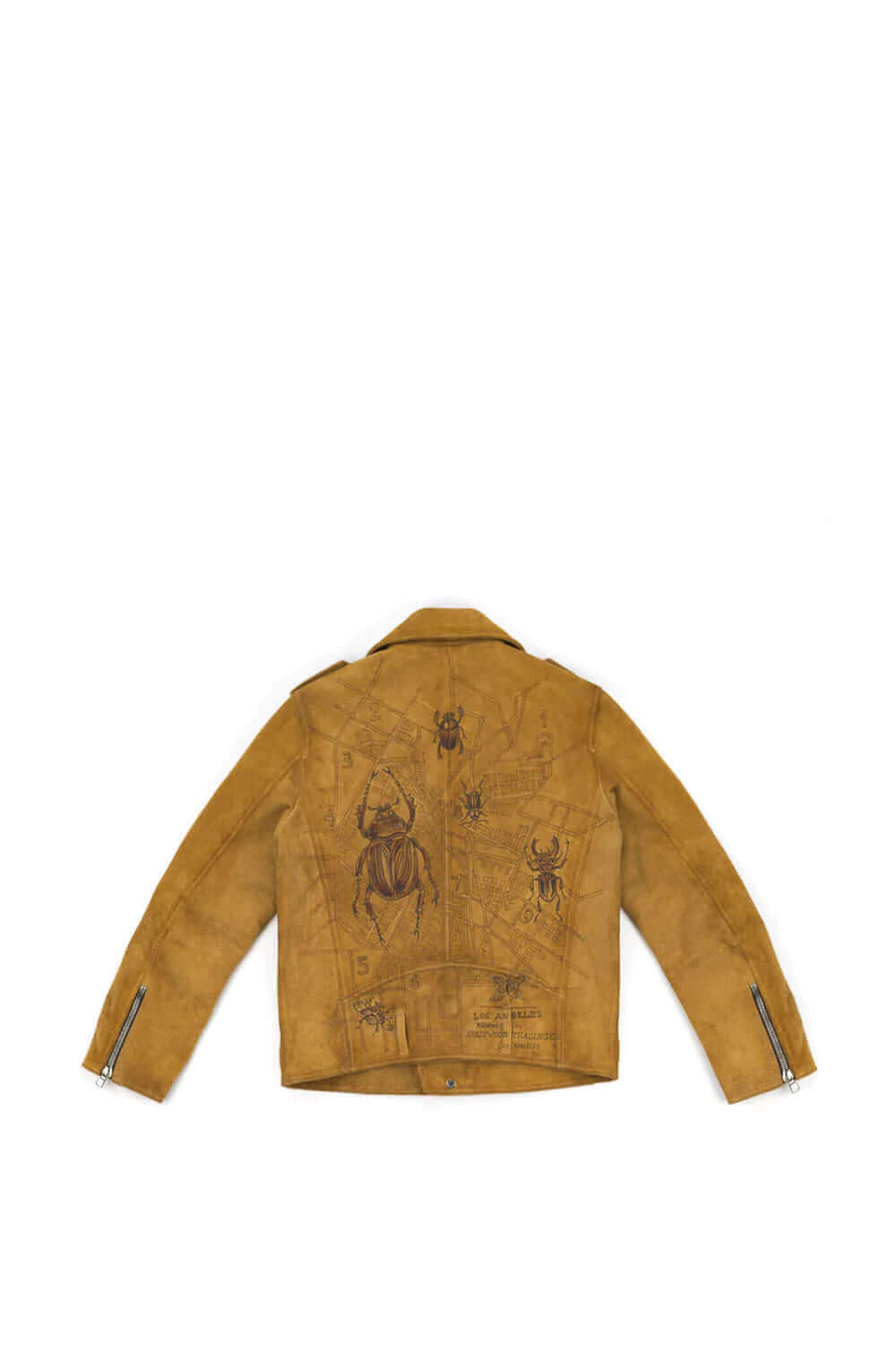 DUSTIN SUEDE L.A. JACKET Cognac suede jacket, asymmetrical zip closure. Three frontal pockets. Zipped sleeves. Hand-painted details on the back. Made in Italy. HTC LOS ANGELES