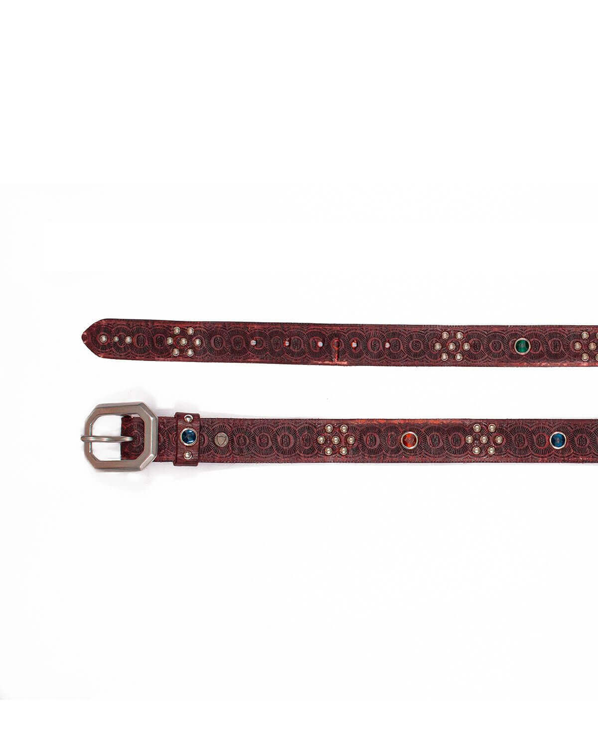 CATALINA BELT Brown leather belt with studs and rhinestones. Carved buckle. Height: 3,5 cm. Made in Italy. HTC LOS ANGELES