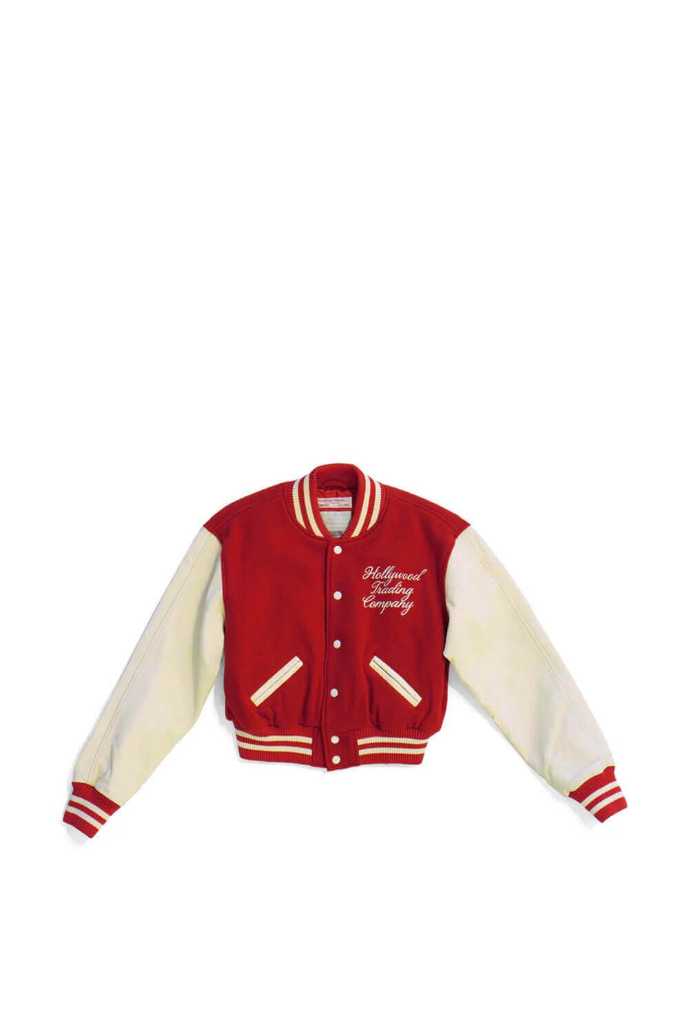 COLLEGE - EMBROIDERY WOMAN Varsity wool & leather bomber jacket. Front button closure, ribbed collar, cuffs and hem. Embroidered details. Two side pockets. Main body composition: 70% Wool, 30% Acrylic; sleeves: 100% Leather HTC LOS ANGELES