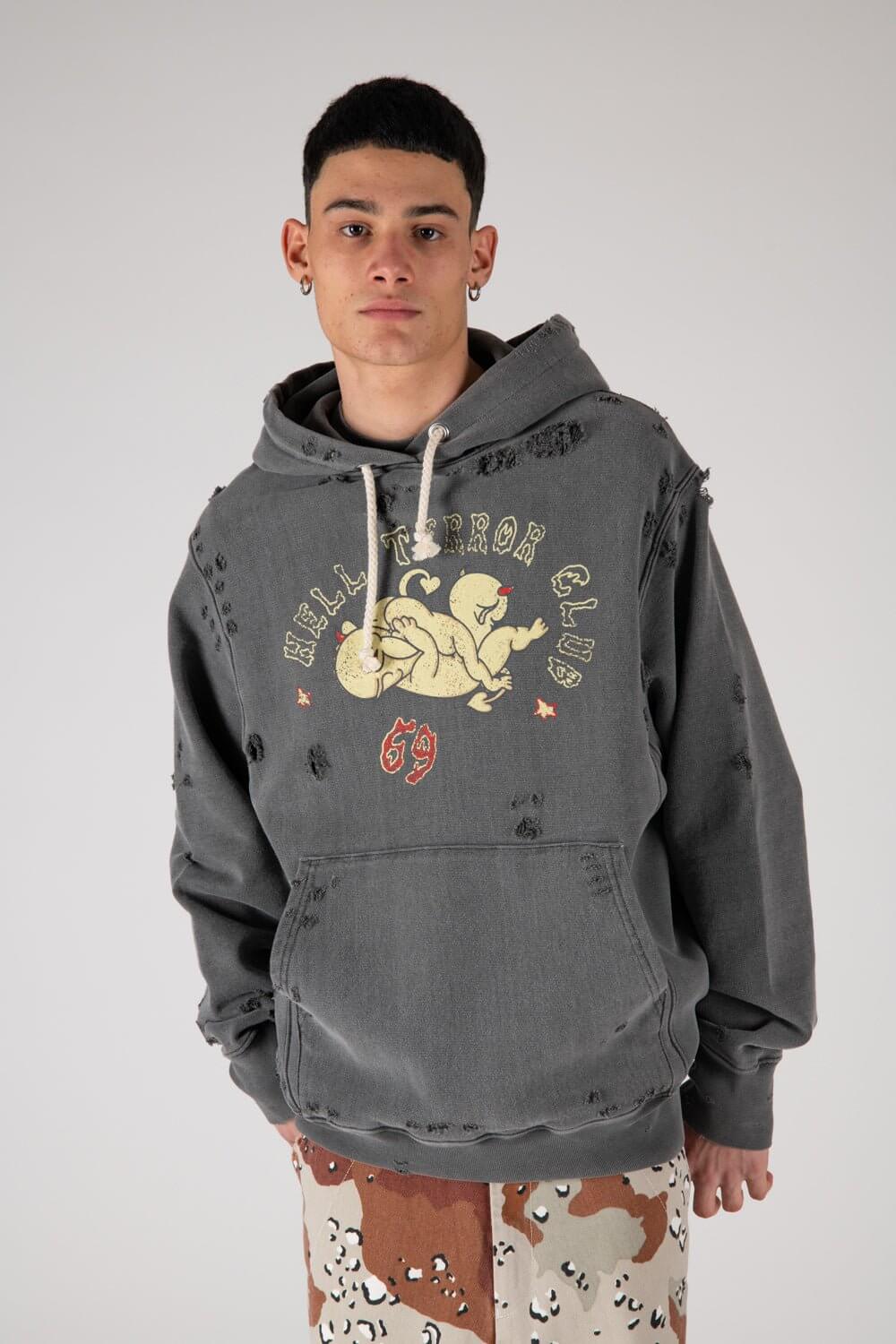 MY HOOD - DEVILS HTC devils' print distressed hoodie. Hood with drawstring, ribbed cuffs and hem. One front kangaroo pocket. Intentionally distressed areas may vary. Composition: 100% Cotton HTC LOS ANGELES