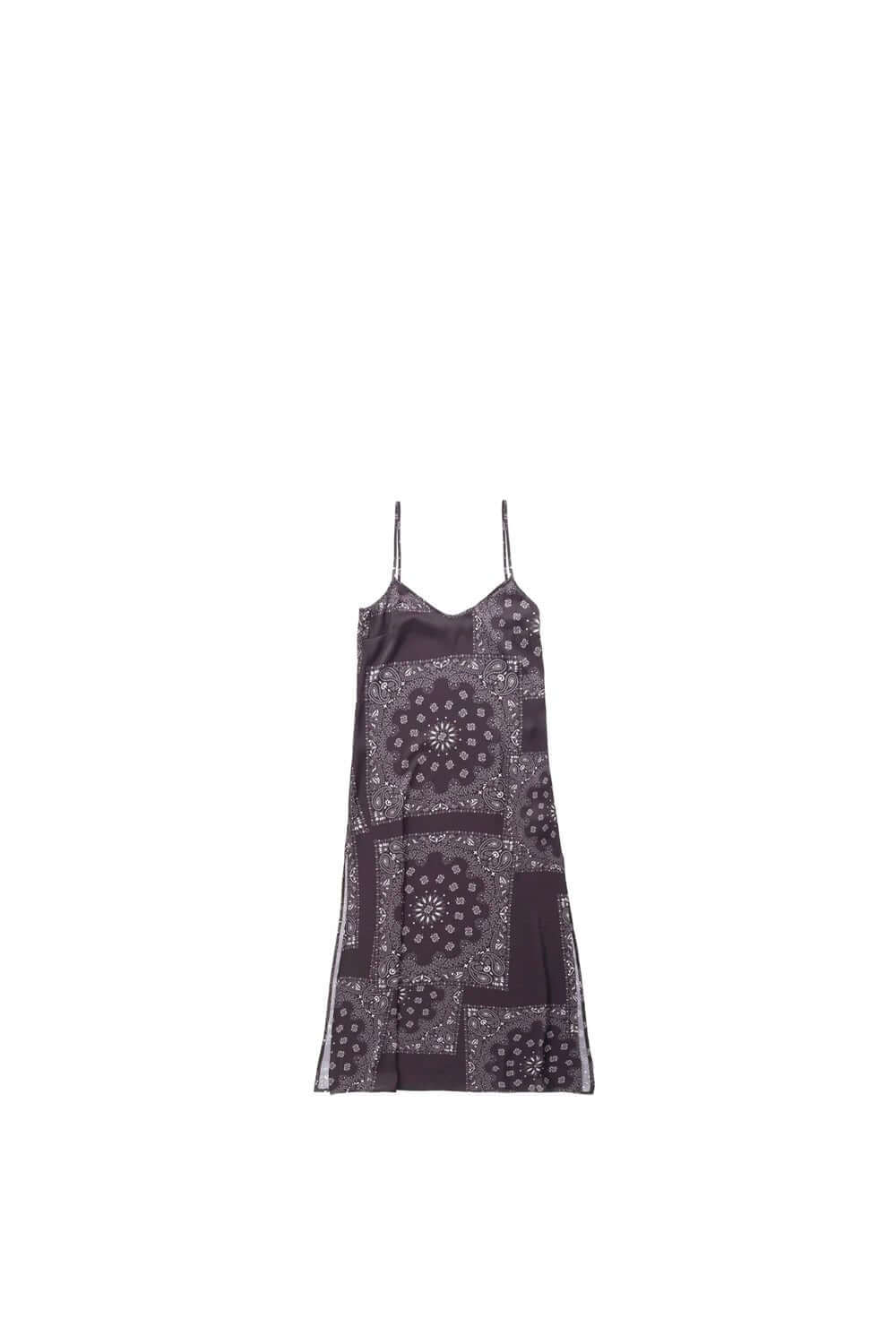 PAISLEY LONG DRESS Paisley printed sleeveless long dress. Silver metal logo detail. Fixed shoulder straps. 100% polyester. HTC LOS ANGELES