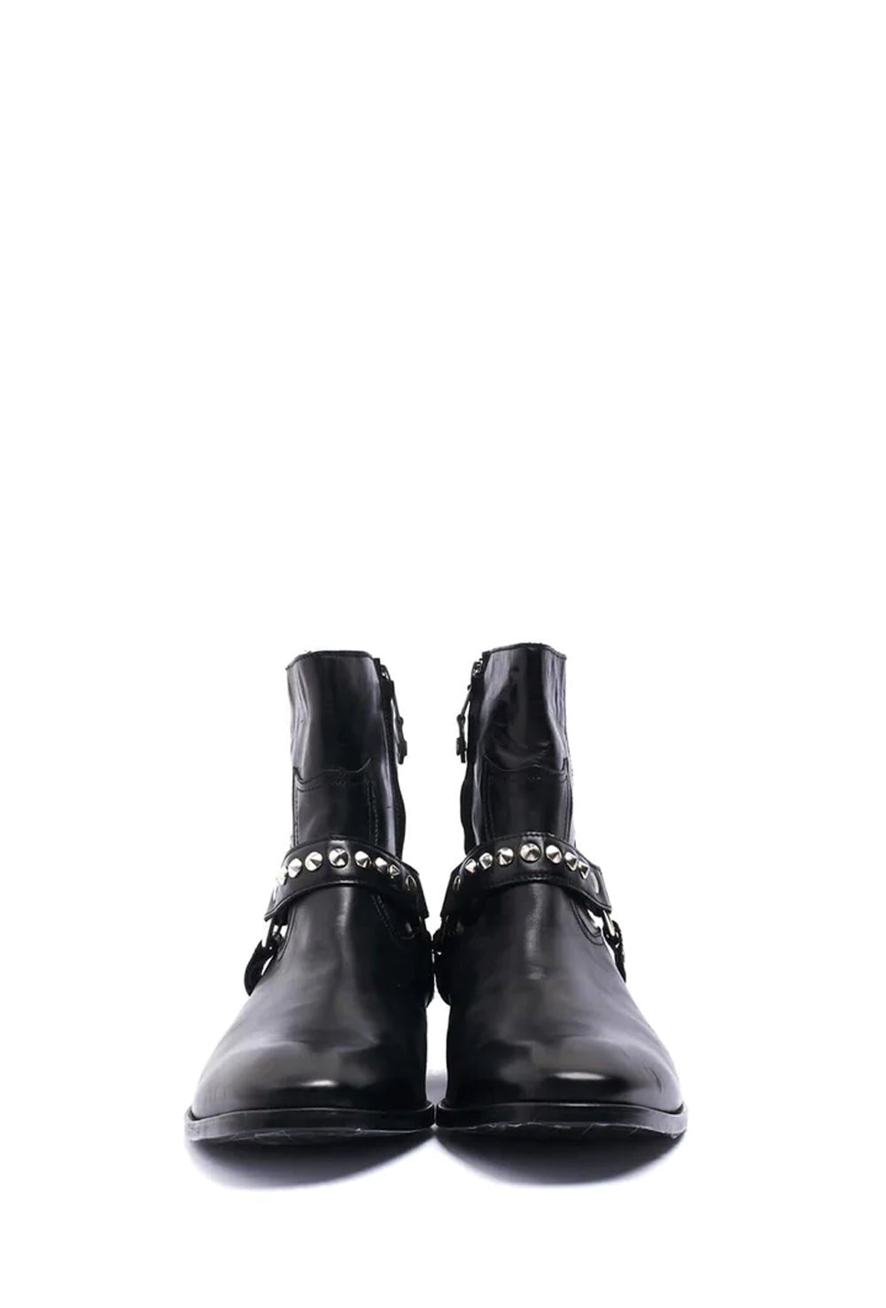 RING BOOT Black leather boots with studded strap, leather sole, made in Italy. HTC LOS ANGELES