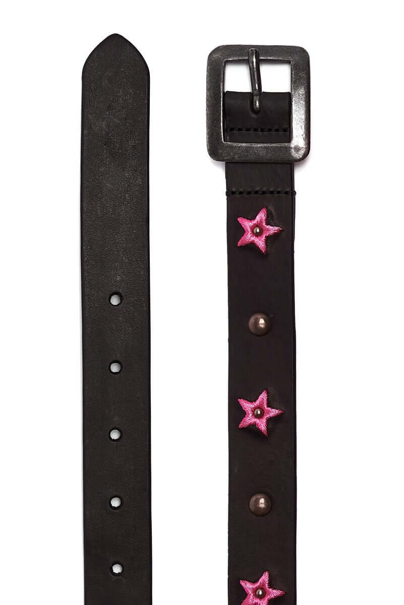 STARS CIRCLES EMBRO BELT Black leather belt with round studs and embroidered stars. Brass buckle. Made in Italy. 2 cm height. HTC LOS ANGELES