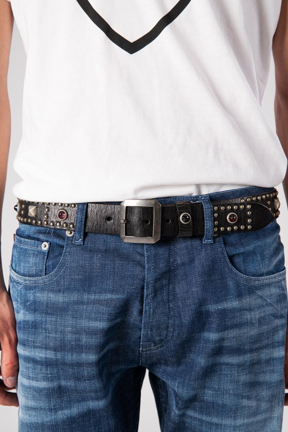 TROUBADOUR BELT Leather belt with studs and glass stones. Brass buckle. 3,5 cm height. HTC LOS ANGELES