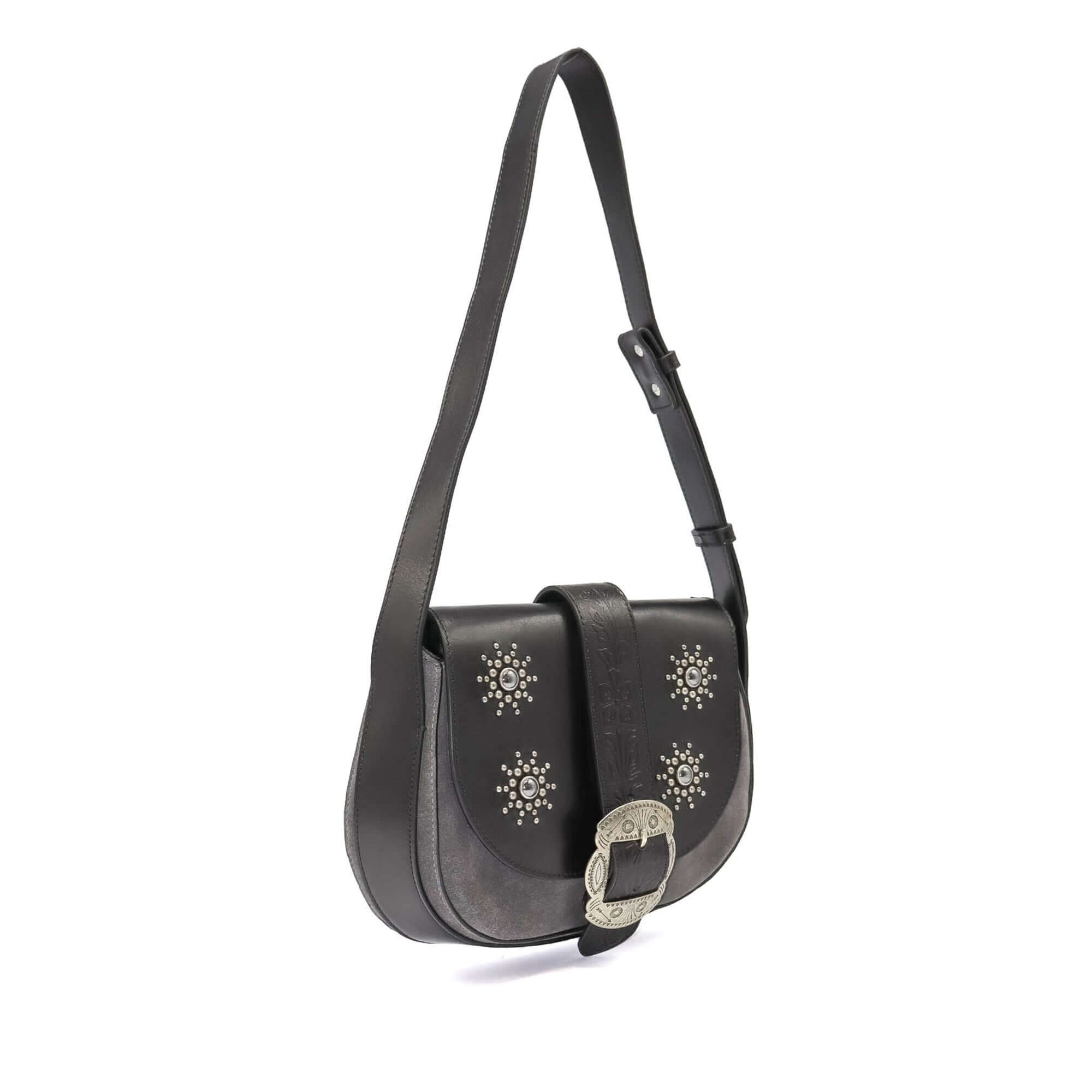 htc los angeles JOAN SUN ANTHRACITE Saddle bag in Anthracite, featuring sun-studded details. Crafted in Italy, 100% cow leather. Hollywood Trading Company