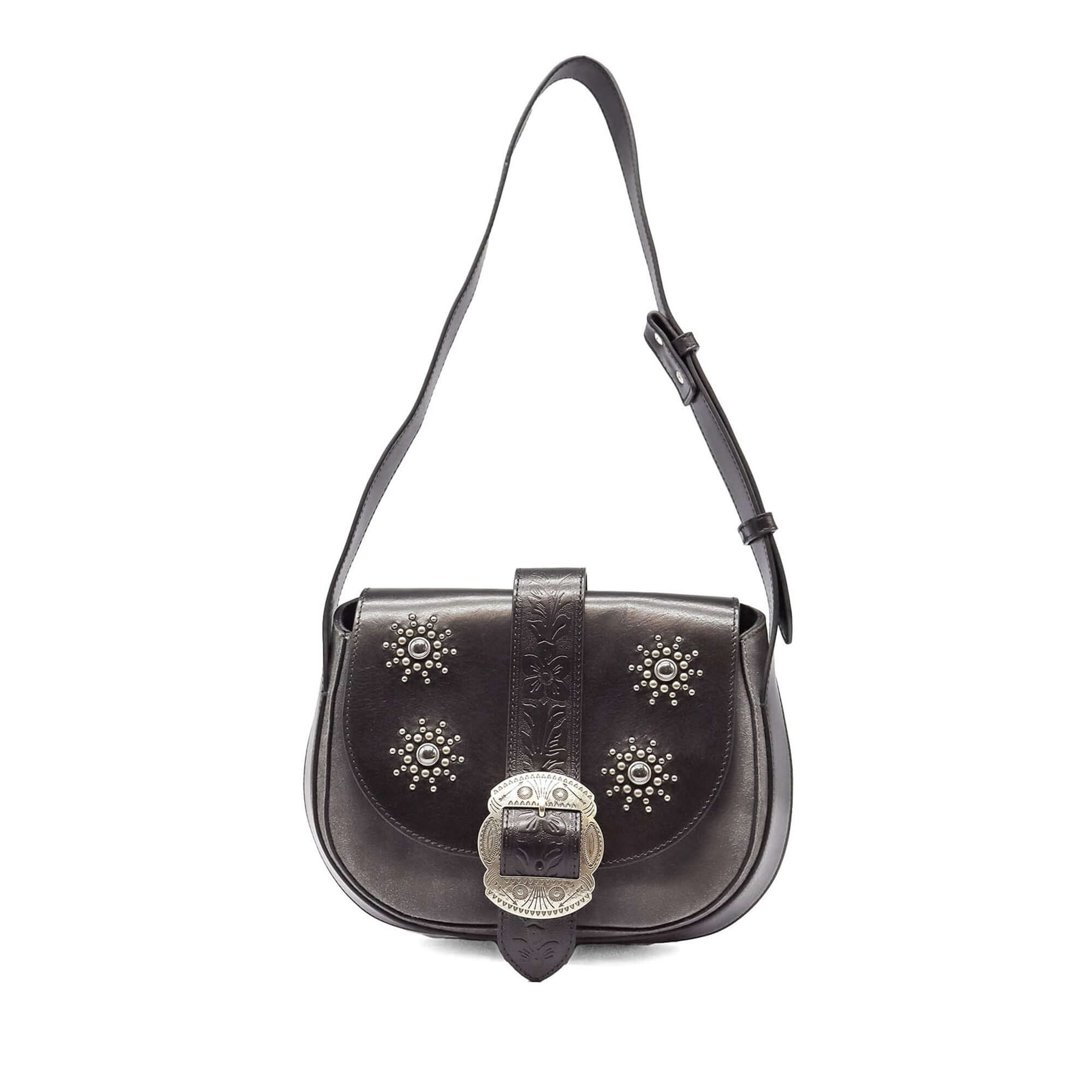 htc los angeles JOAN SUN ANTHRACITE Saddle bag in Anthracite, featuring sun-studded details. Crafted in Italy, 100% cow leather. Hollywood Trading Company