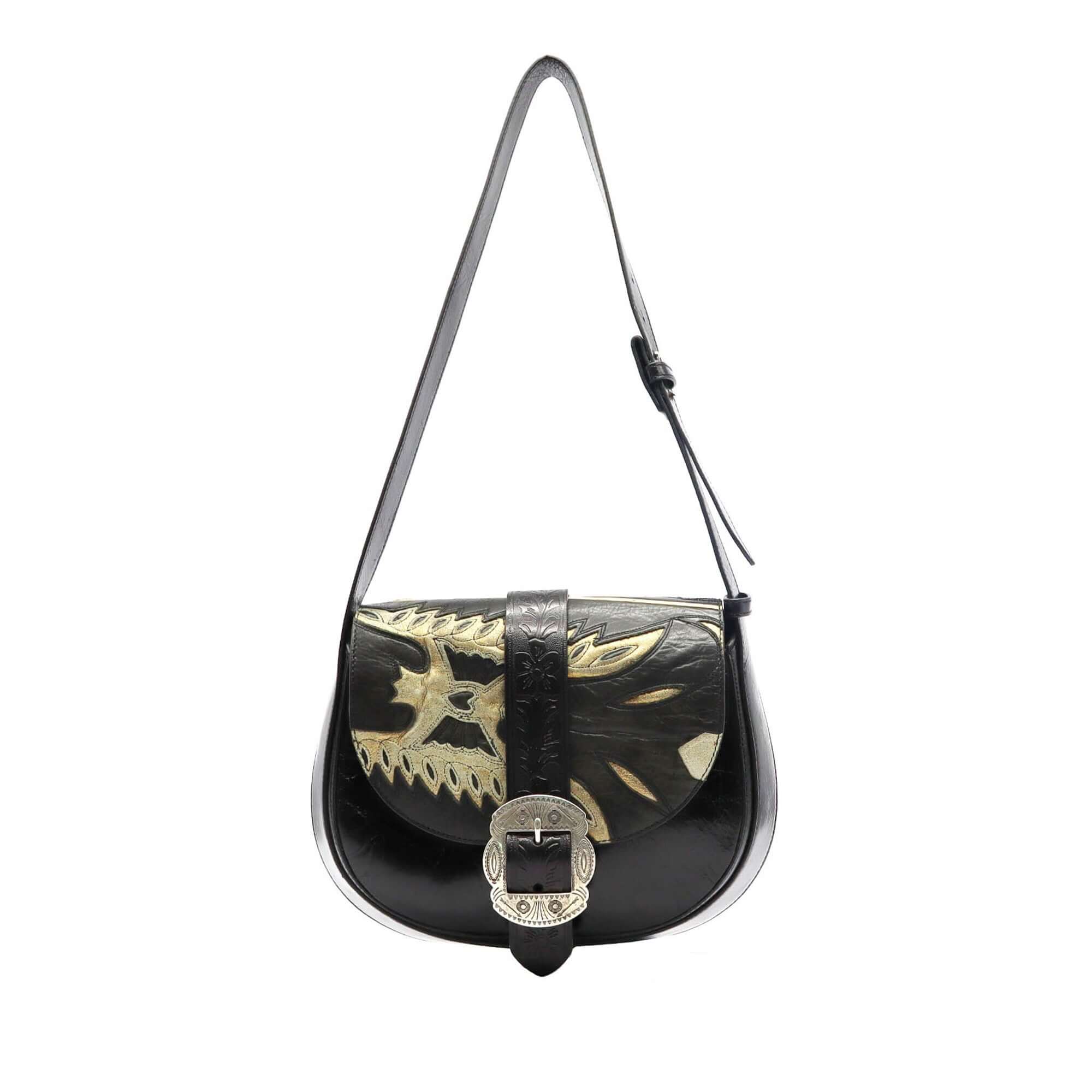 htc los angeles JOAN BOOTS LIMITED EDITION Saddle bag in Black, featuring details from boots. Crafted in Italy, 100% cow leather. Hollywood Trading Company