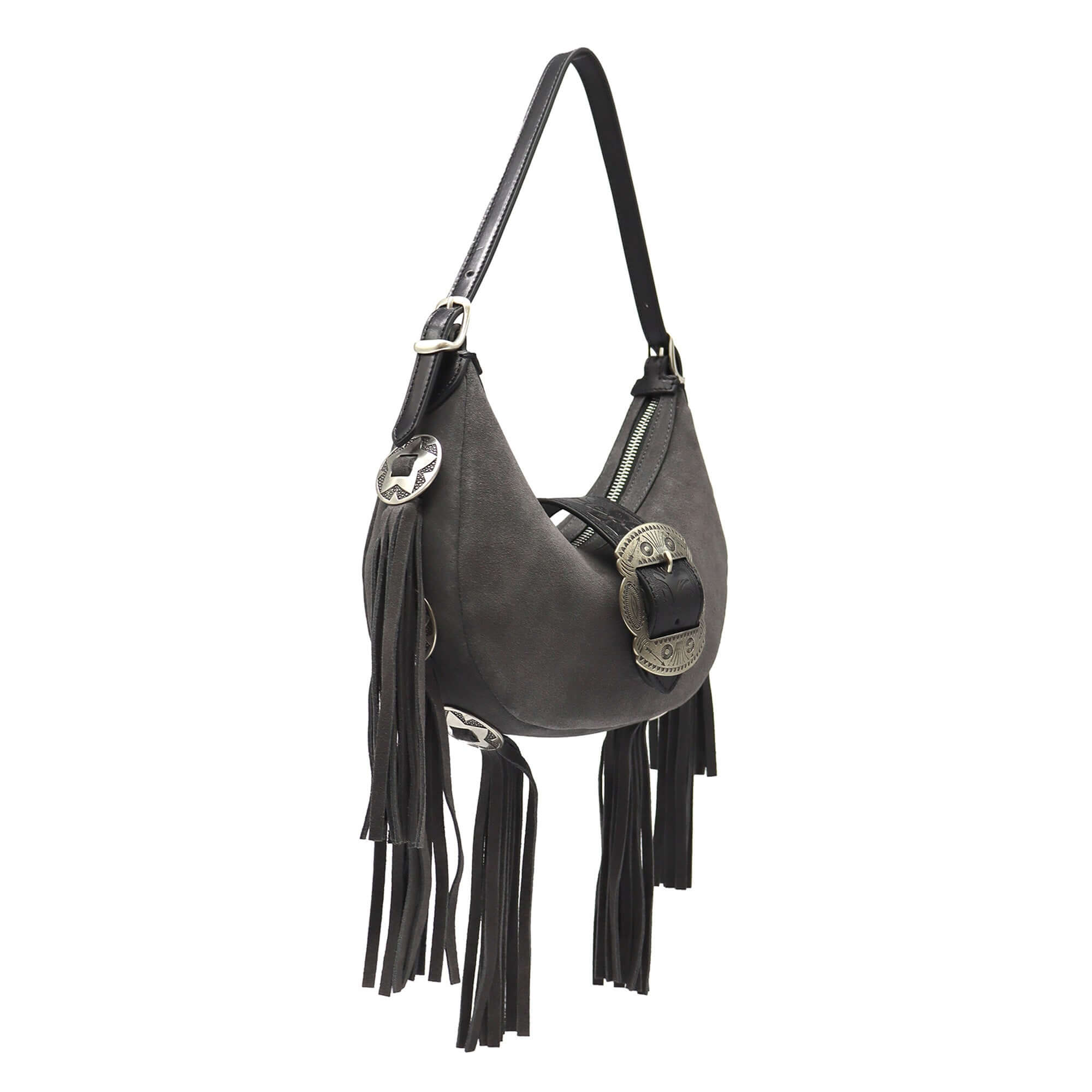 htc los angeles SHERYL SUEDE CONCHOS Moon bag in Anthracite, featuring a zip closure, fringes and concho-details. Crafted in Italy, 100% cow leather. Hollywood Trading Company