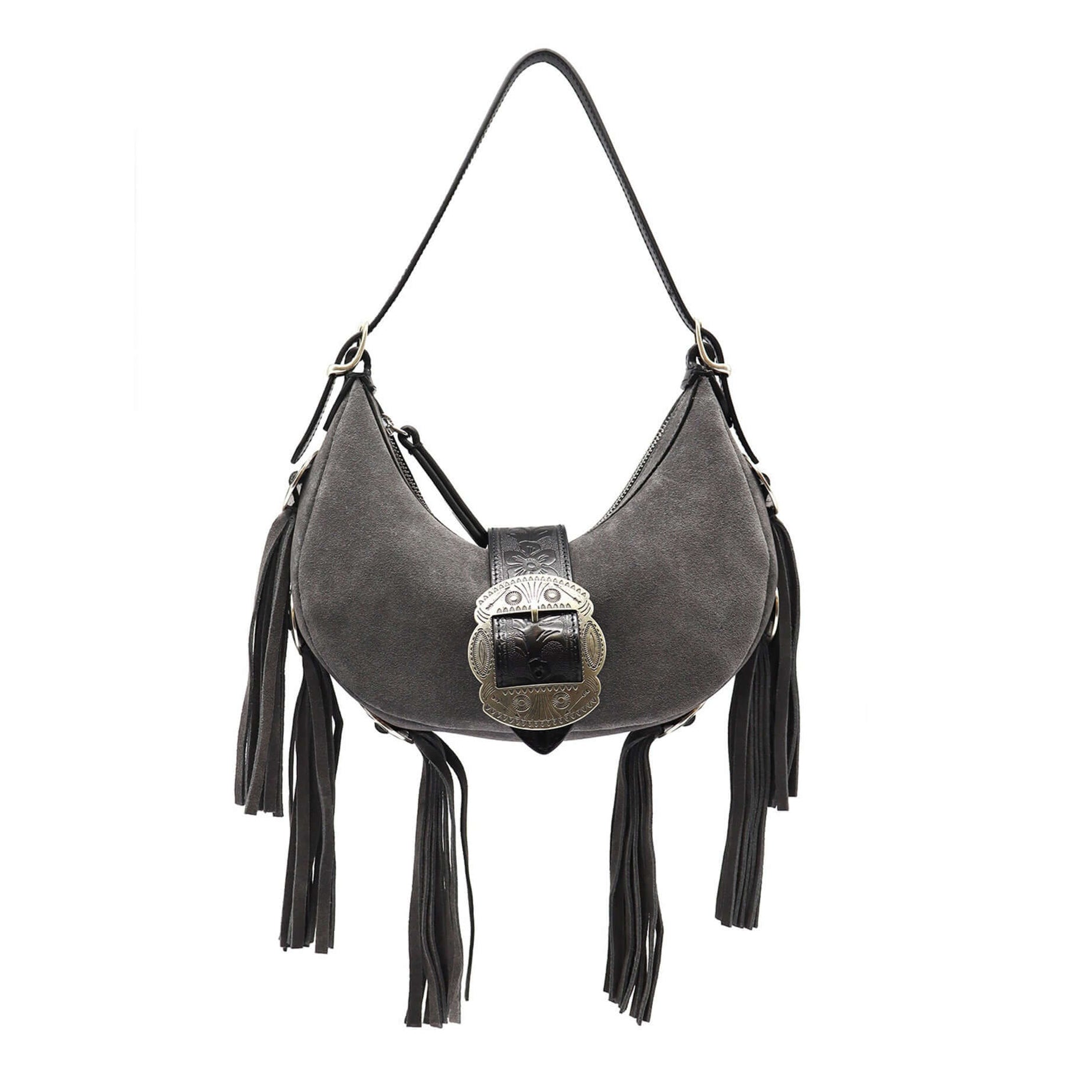 htc los angeles SHERYL SUEDE CONCHOS Moon bag in Anthracite, featuring a zip closure, fringes and concho-details. Crafted in Italy, 100% cow leather. Hollywood Trading Company