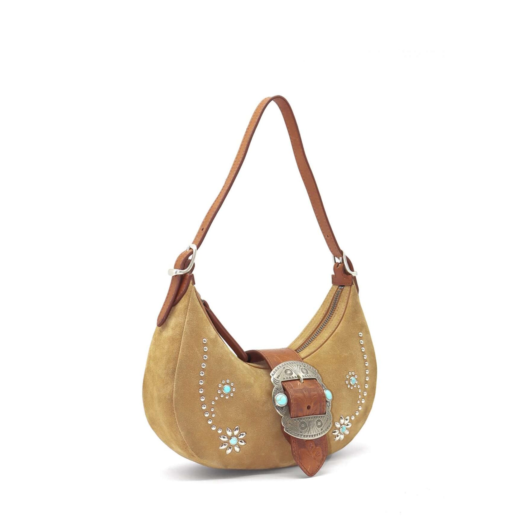 htc los angeles SHERYL SUEDE FLOWERS Moon bag in Camel, featuring a zip closure and flower-studded details. Crafted in Italy, 100% cow leather. Hollywood Trading Company
