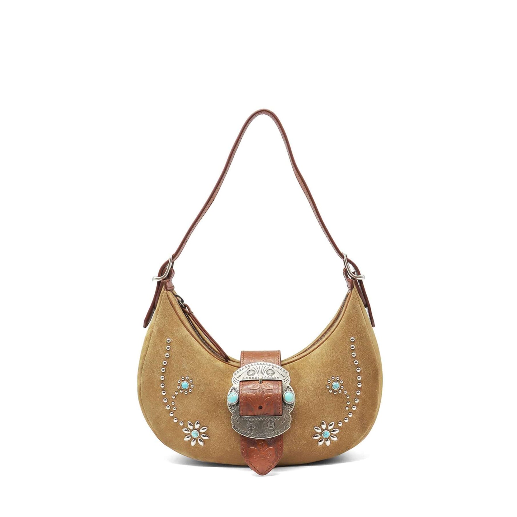 htc los angeles SHERYL SUEDE FLOWERS Moon bag in Camel, featuring a zip closure and flower-studded details. Crafted in Italy, 100% cow leather. Hollywood Trading Company