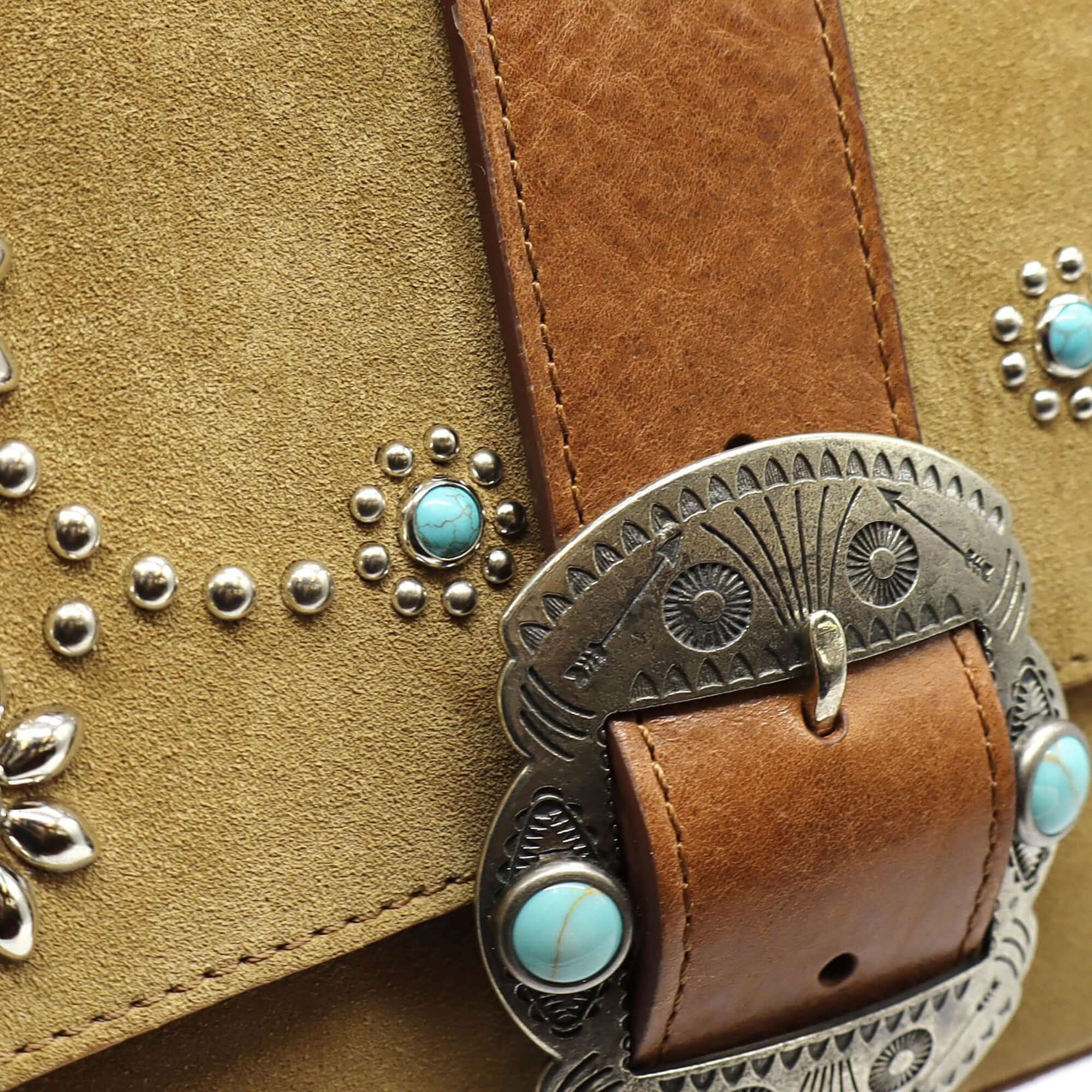 htc los angeles DOLLY SUEDE FLOWERS Baguette bag in Camel, featuring a button magnetic closure and flower-studded details. Crafted in Italy, 100% cow leather. Hollywood Trading Company