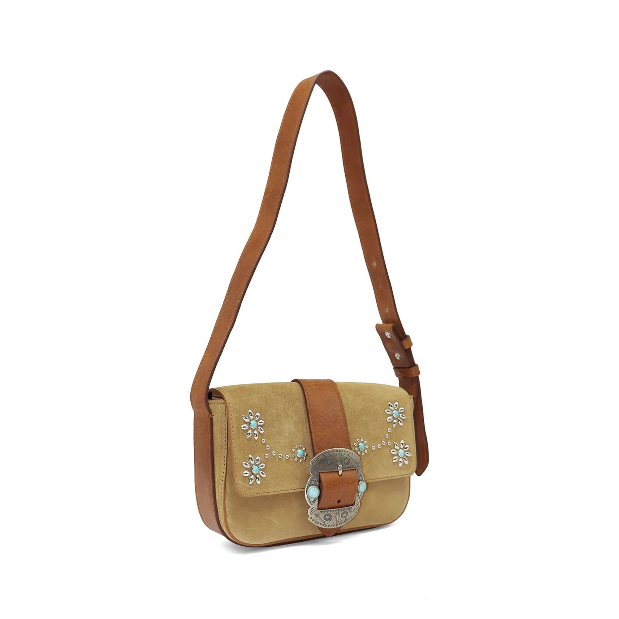 htc los angeles DOLLY SUEDE FLOWERS Baguette bag in Camel, featuring a button magnetic closure and flower-studded details. Crafted in Italy, 100% cow leather. Hollywood Trading Company