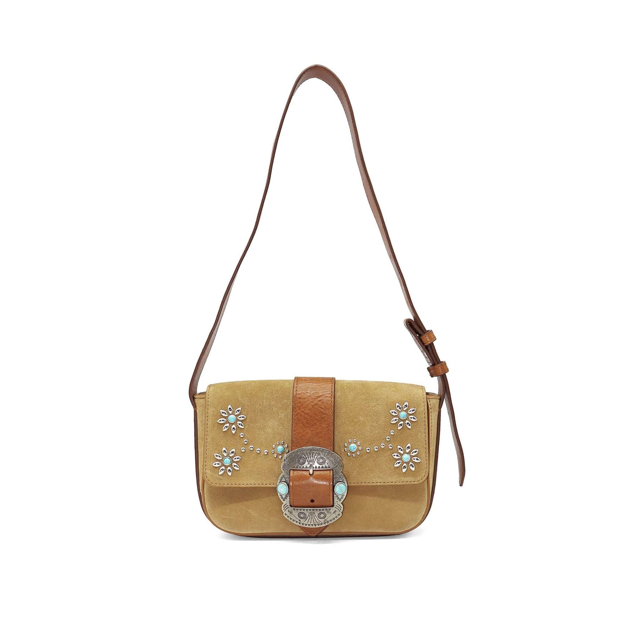 htc los angeles DOLLY SUEDE FLOWERS Baguette bag in Camel, featuring a button magnetic closure and flower-studded details. Crafted in Italy, 100% cow leather. Hollywood Trading Company