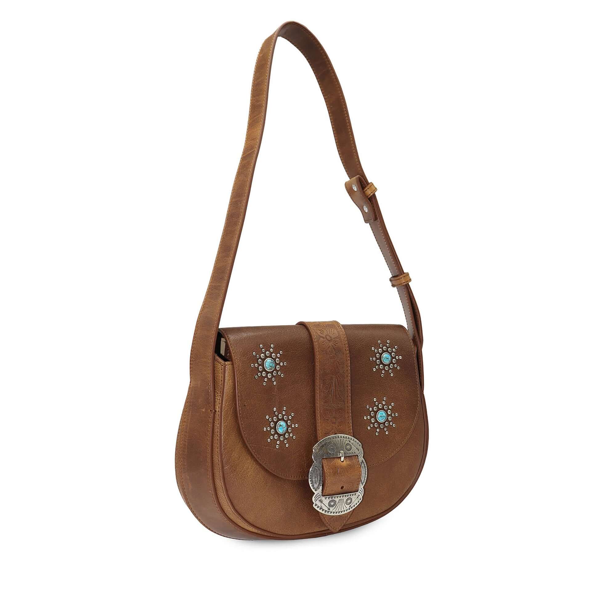 htc los angeles JOAN VINTAGE LEATHER Saddle bag in Cognac, featuring sun-studded details. Crafted in Italy, 100% cow leather. Hollywood Trading Company