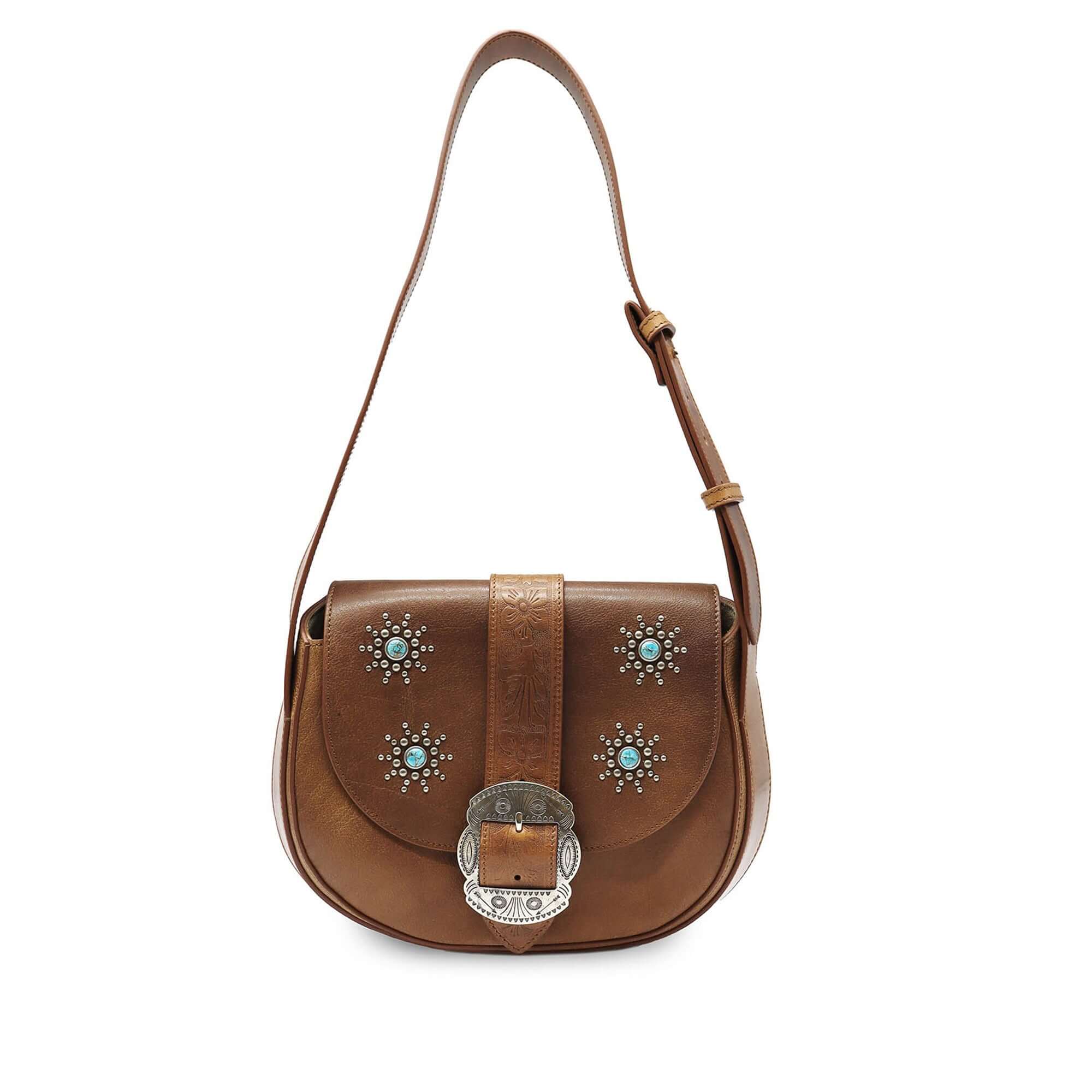 htc los angeles JOAN VINTAGE LEATHER Saddle bag in Cognac, featuring sun-studded details. Crafted in Italy, 100% cow leather. Hollywood Trading Company