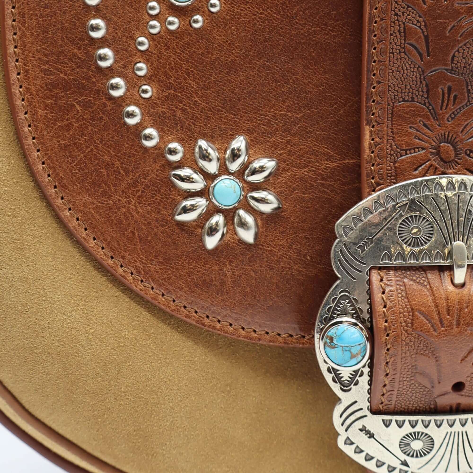 htc los angeles JOAN SUEDE FLOWERS Saddle bag in Camel, featuring flower-studded details. Crafted in Italy, 100% cow leather. Hollywood Trading Company