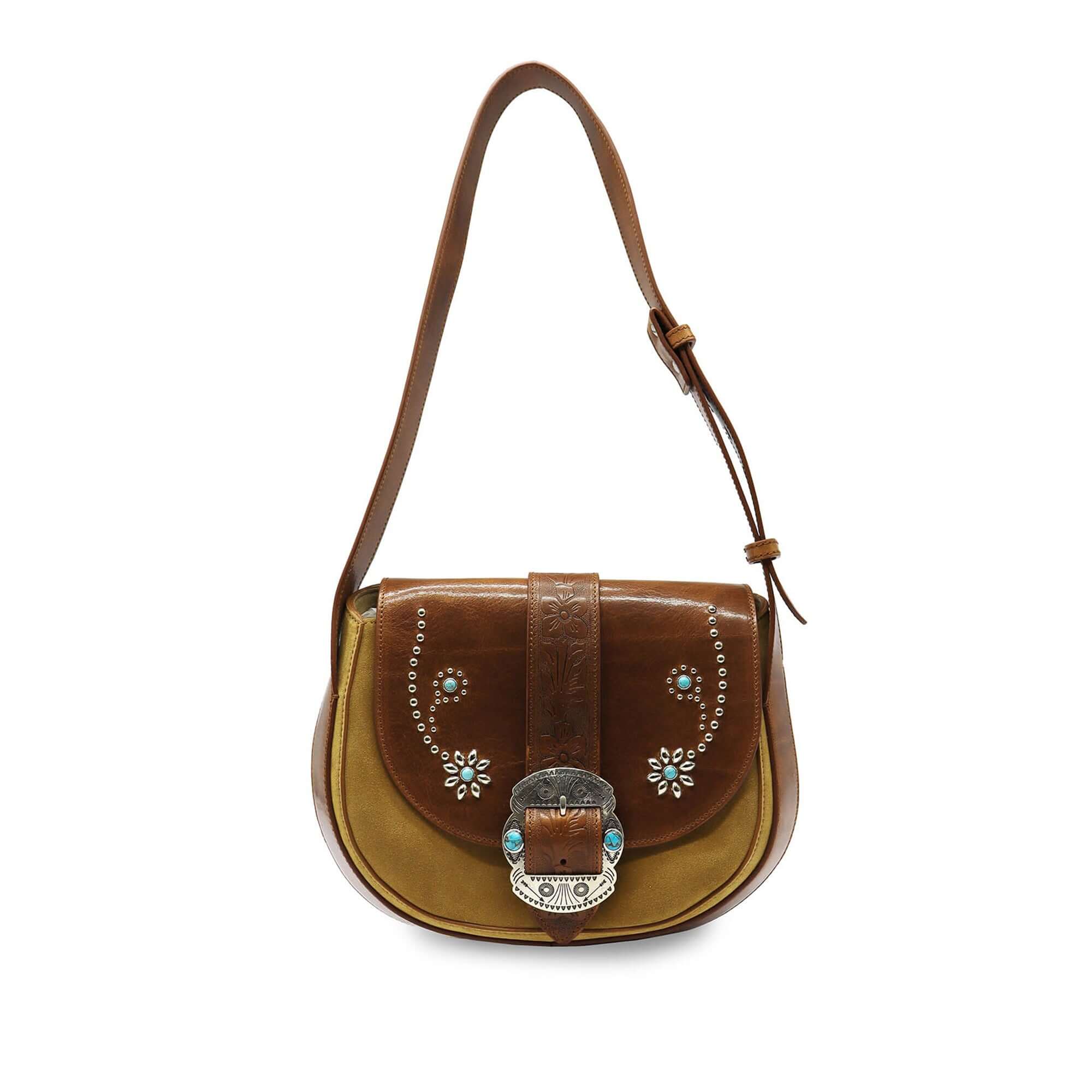 htc los angeles JOAN SUEDE FLOWERS Saddle bag in Camel, featuring flower-studded details. Crafted in Italy, 100% cow leather. Hollywood Trading Company