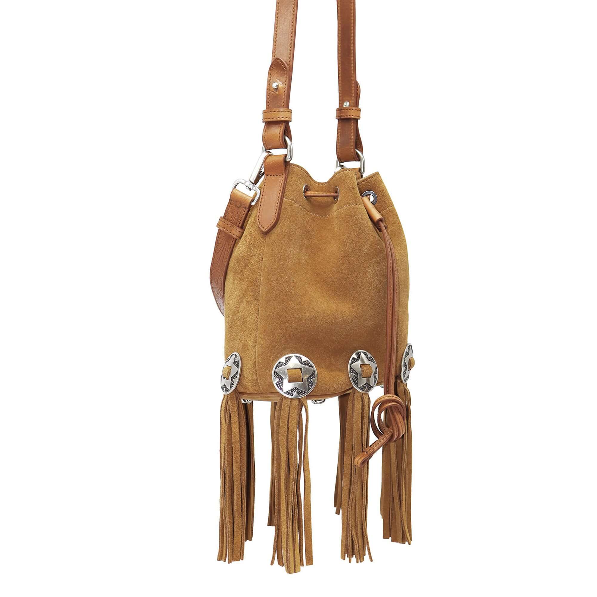 htc los angeles JANIS CONCHOS Bucket bag in Tan suede, featuring conchos and fringe details.Crafted in Italy, 100% cow leather. Hollywood Trading Company