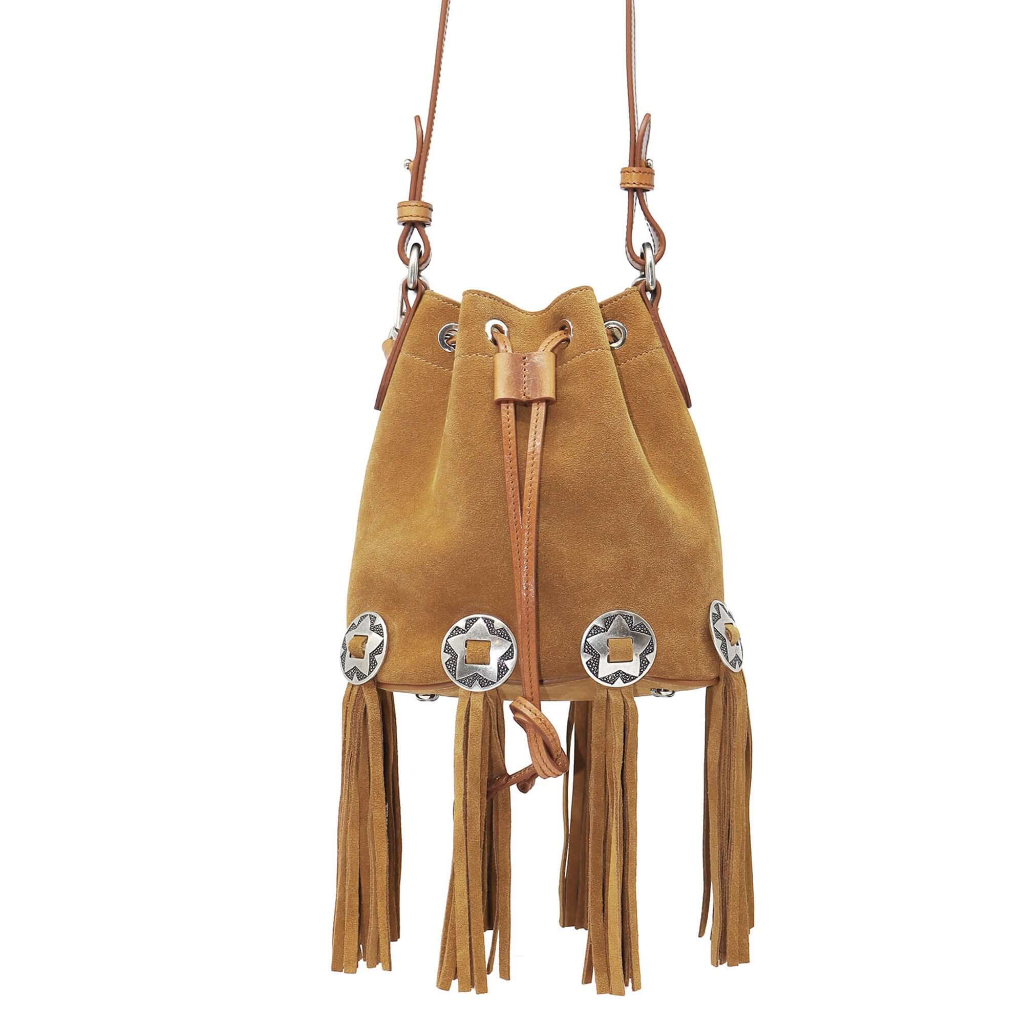 htc los angeles JANIS CONCHOS Bucket bag in Tan suede, featuring conchos and fringe details.Crafted in Italy, 100% cow leather. Hollywood Trading Company