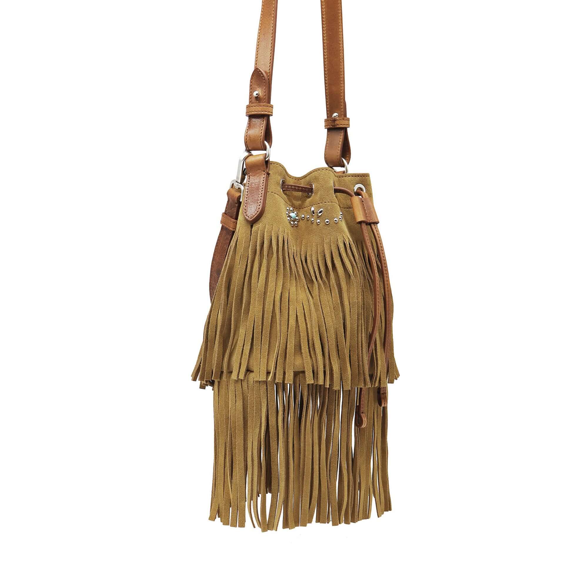 htc los angeles JANIS FRINGES Bucket bag in Camel suede, featuring flowers studded details. Crafted in Italy, 100% cow leather. Hollywood Trading Company