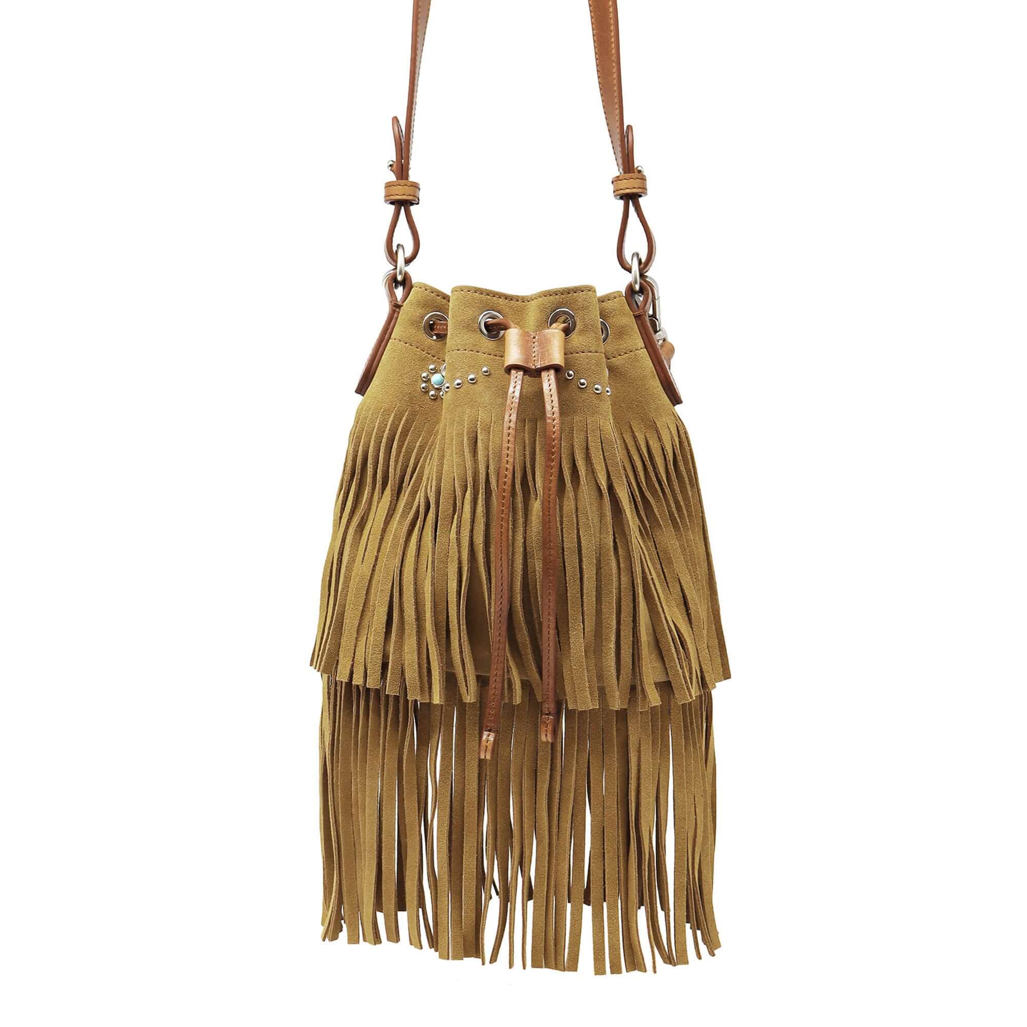 htc los angeles JANIS FRINGES Bucket bag in Camel suede, featuring flowers studded details. Crafted in Italy, 100% cow leather. Hollywood Trading Company