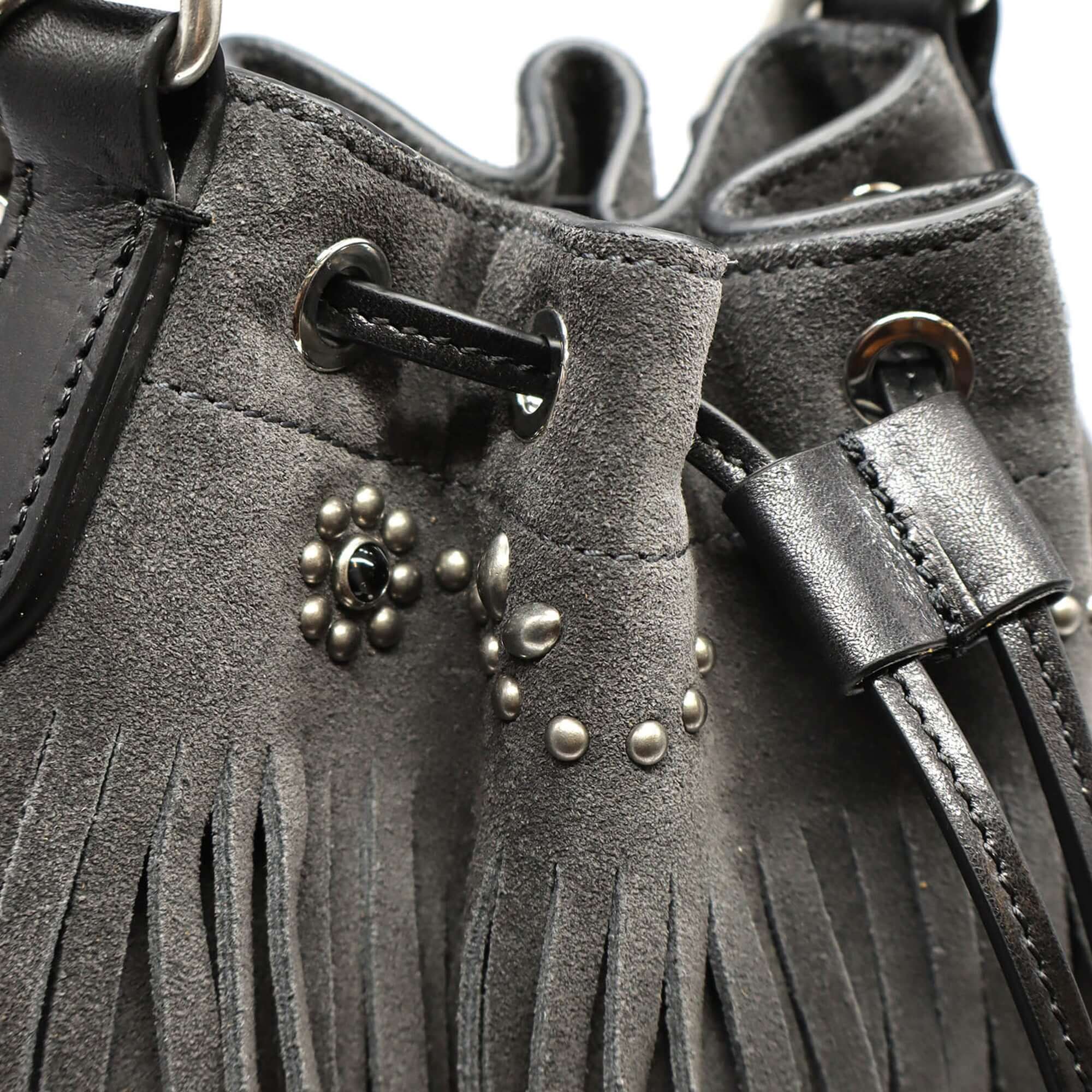 htc los angeles JANIS FRINGES Bucket bag in Anthracite suede, featuring flowers studded details.Crafted in Italy, 100% cow leather. Hollywood Trading Company