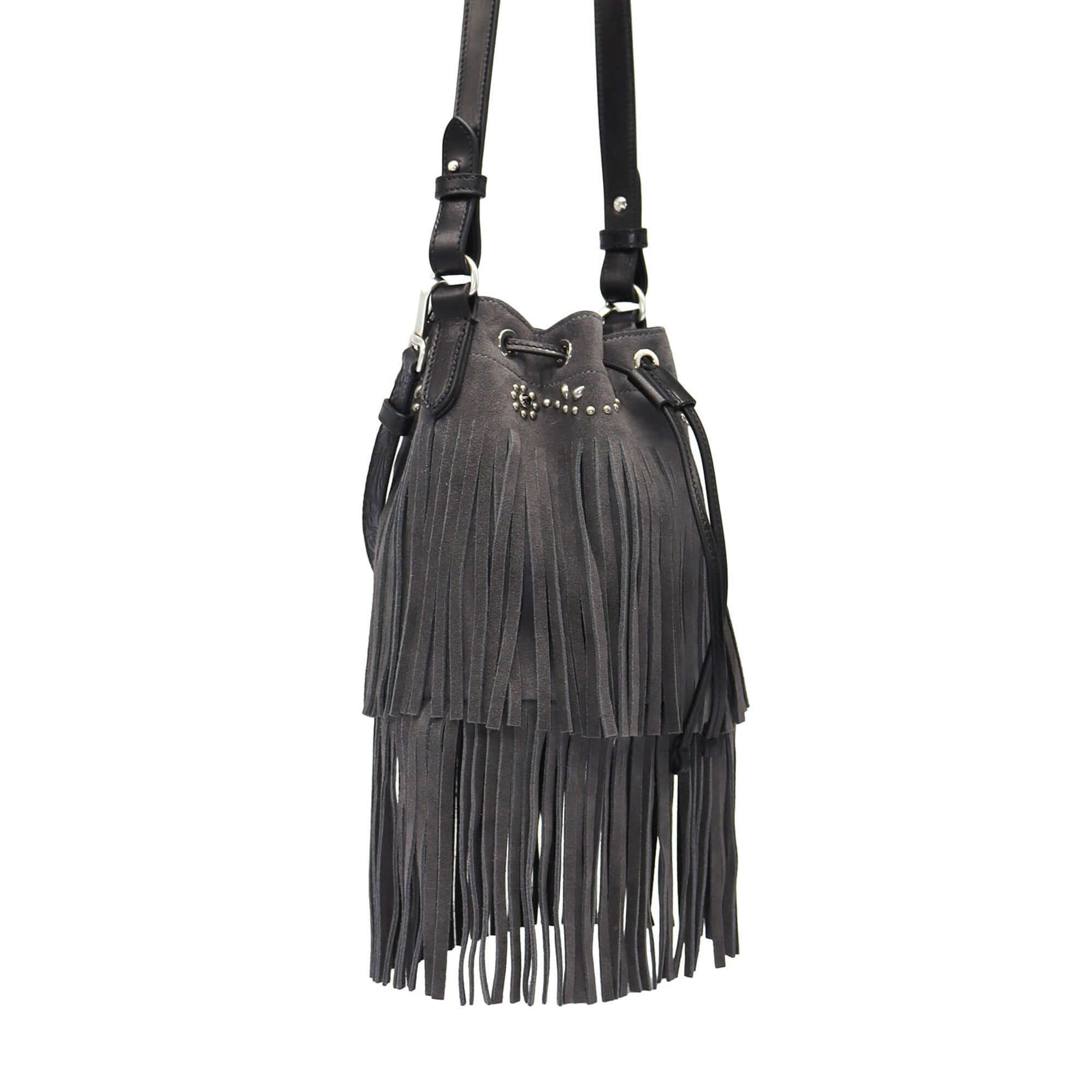 htc los angeles JANIS FRINGES Bucket bag in Anthracite suede, featuring flowers studded details.Crafted in Italy, 100% cow leather. Hollywood Trading Company