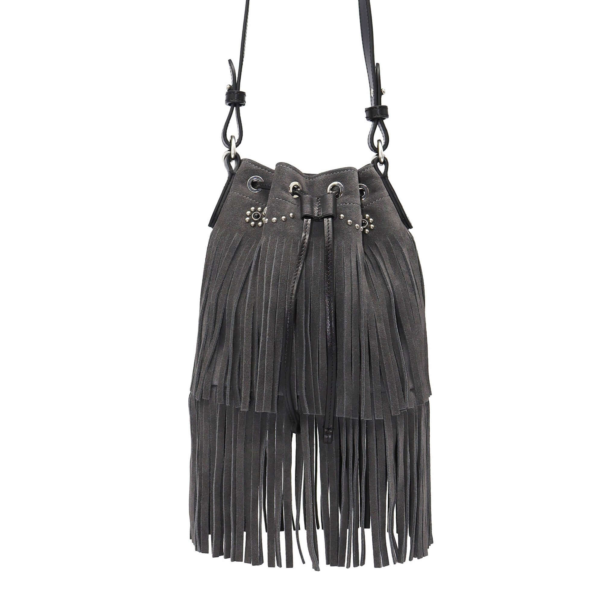 htc los angeles JANIS FRINGES Bucket bag in Anthracite suede, featuring flowers studded details.Crafted in Italy, 100% cow leather. Hollywood Trading Company
