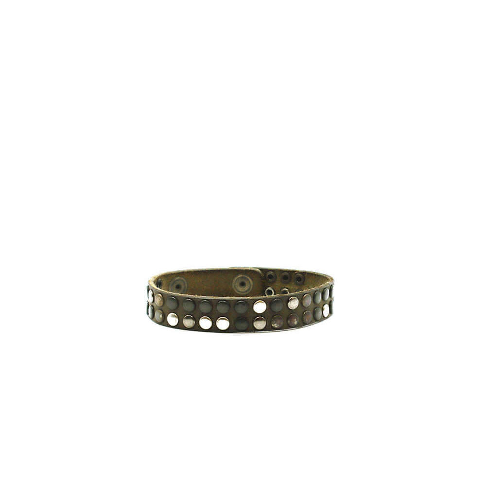 Hollywood Trading Company 10.000 MINI BR SEASONAL 10.000 MINI BR SEASONAL Military leather bracelet with double line studs, zamac button closure with carved HTC Los Angeles logo. 100% Made in Italy. bracciale Hollywood Trading Company Hollywood Trading Co