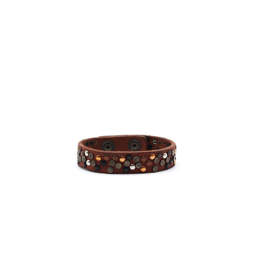 Hollywood Trading Company JUAN BR JUAN BR Cognac leather bracelet with mixed line studs, zamac button closure with carved HTC Los Angeles logo. 100% Made in Italy. bracciale Hollywood Trading Company Hollywood Trading Company