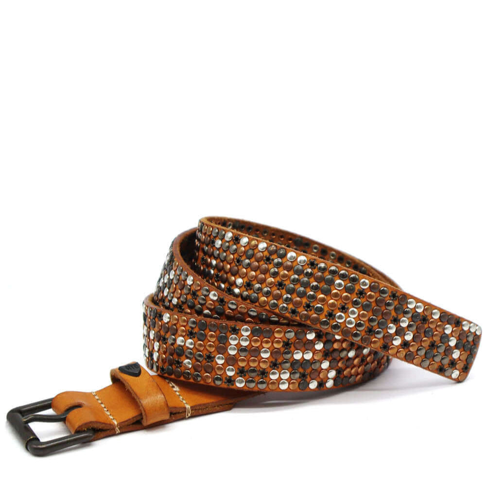 Hollywood Trading Company YESO BELT YESO BELT Natural Leather belt with mixed studs, studded zamac belt loop with HTC logo rivet. Height: 2.5 cm. Made in Italy. BELTS Hollywood Trading Company Hollywood Trading Company