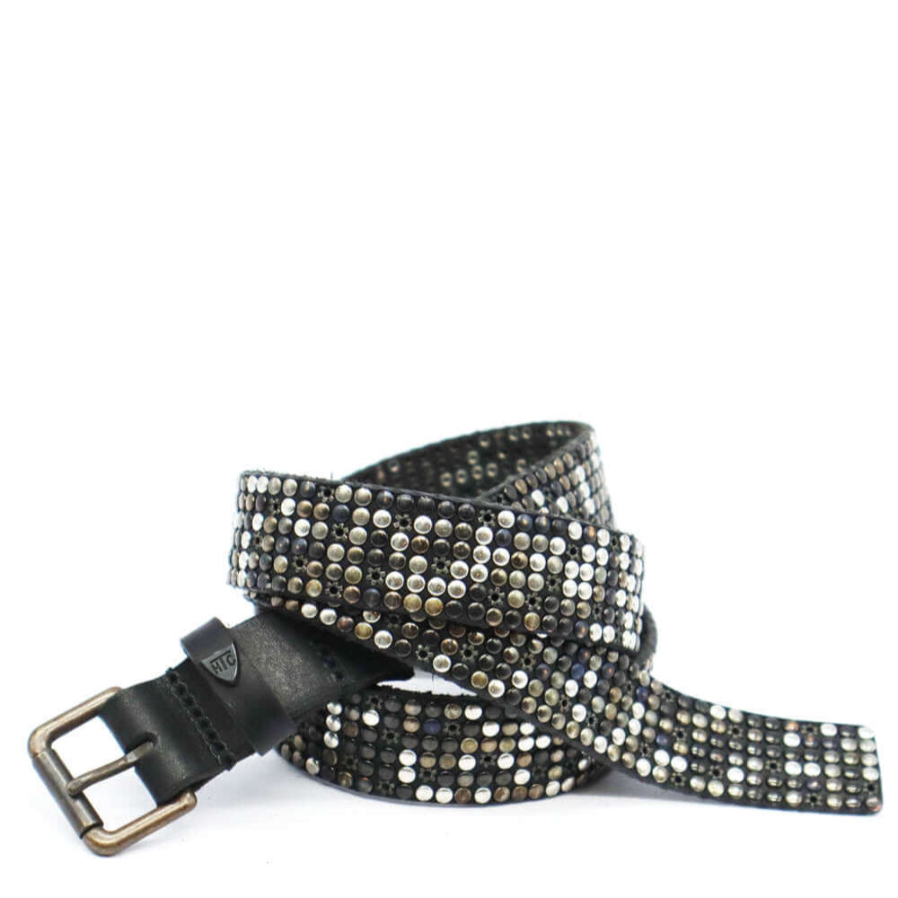 Hollywood Trading Company YESO BELT YESO BELT Black Leather belt with mixed studs, studded zamac belt loop with HTC logo rivet. Height: 2.5 cm. Made in Italy. BELTS Hollywood Trading Company Hollywood Trading Company