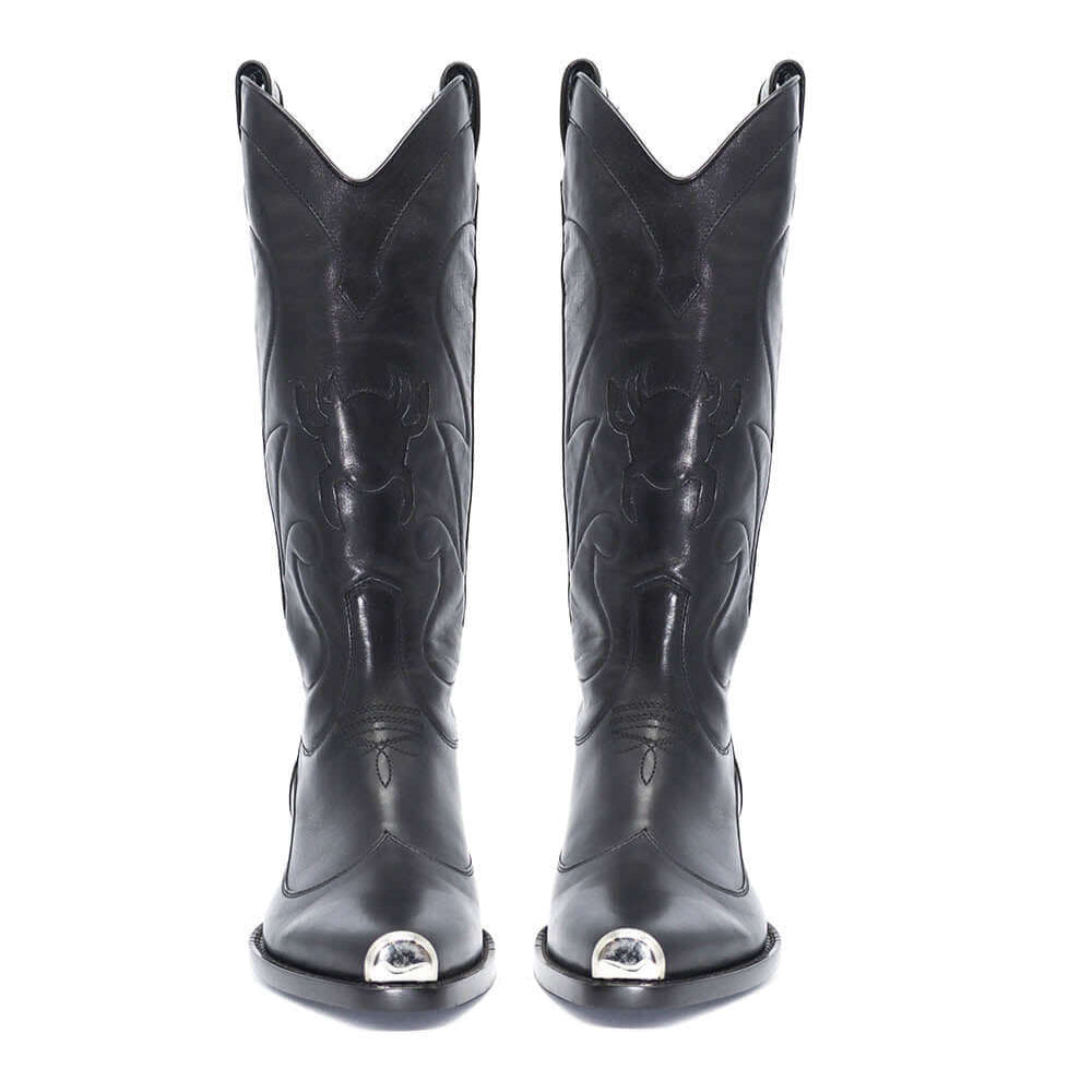 Hollywood Trading Company UNDER PRESSURE LEATHER BOOT UNDER PRESSURE LEATHER BOOT Black leather Texan boots. Squared metal tip. Heel height: 5 cm. Made in Italy. boots Hollywood Trading Company Hollywood Trading Company