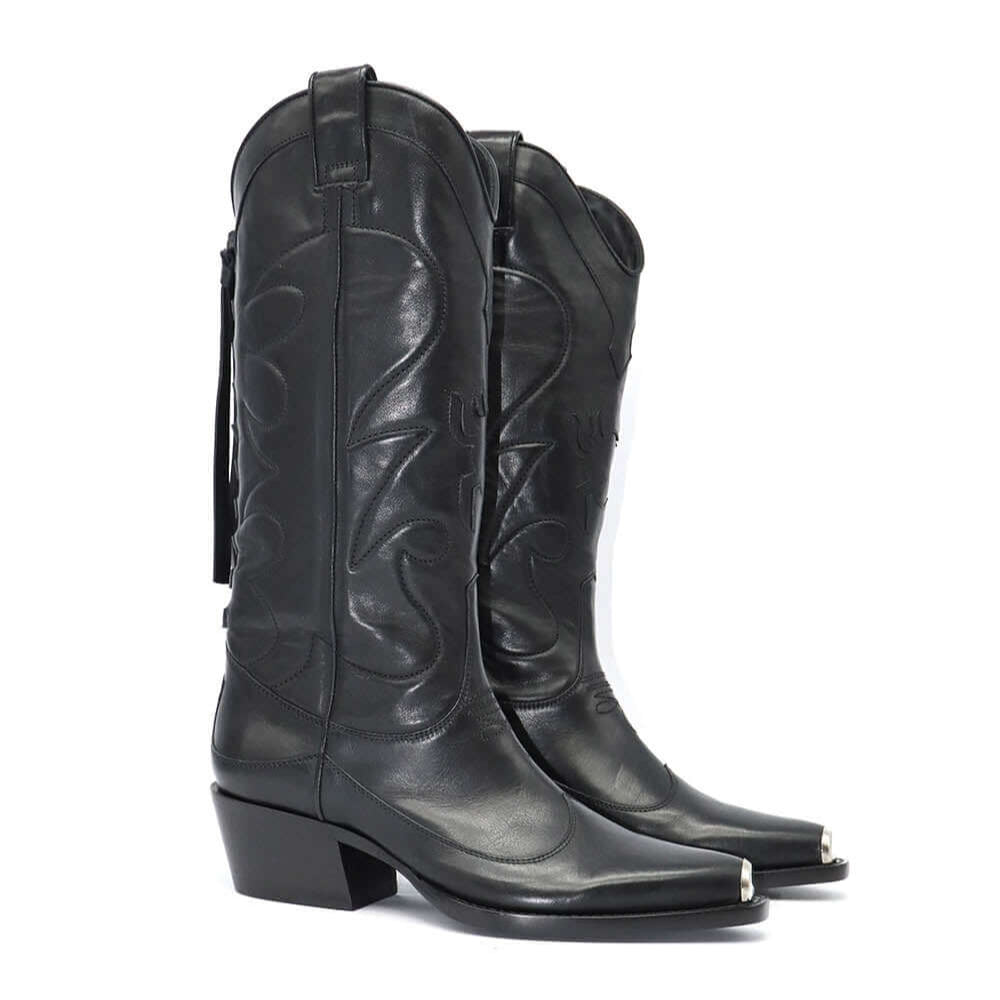 Hollywood Trading Company UNDER PRESSURE LEATHER BOOT UNDER PRESSURE LEATHER BOOT Black leather Texan boots. Squared metal tip. Heel height: 5 cm. Made in Italy. boots Hollywood Trading Company Hollywood Trading Company