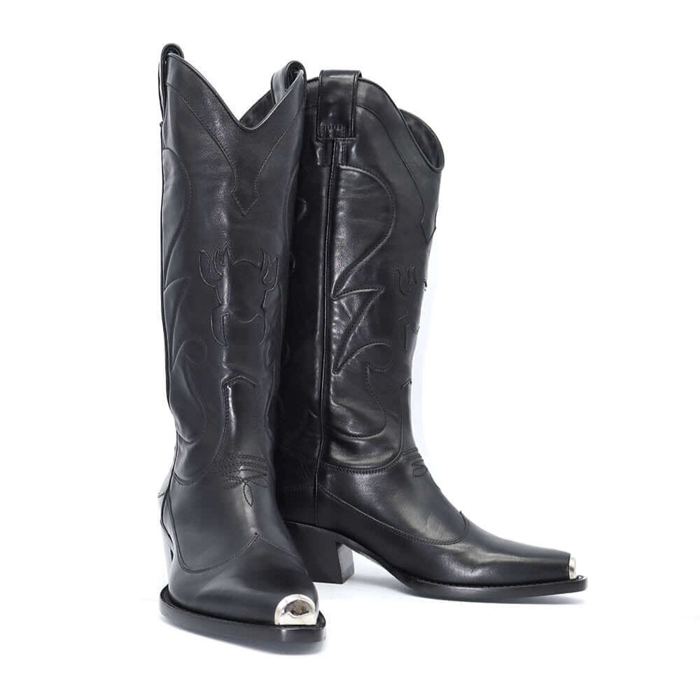 Hollywood Trading Company UNDER PRESSURE LEATHER BOOT UNDER PRESSURE LEATHER BOOT Black leather Texan boots. Squared metal tip. Heel height: 5 cm. Made in Italy. boots Hollywood Trading Company Hollywood Trading Company
