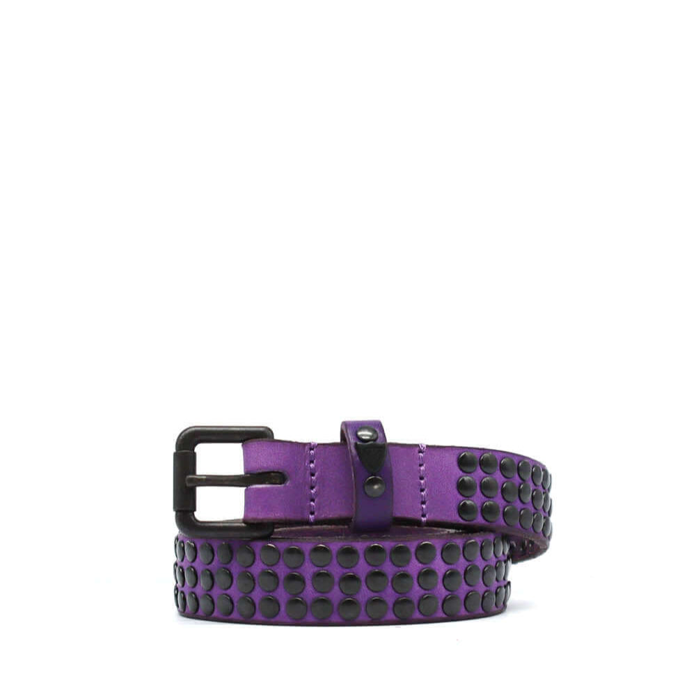 Hollywood Trading Company 3.000 STUDS COLOR BELT 3.000 STUDS COLOR BELT Violet Leather belt with mixed studs, brass buckle, studded zamac belt loop with HTC logo rivet. Height: 2 cm. Made in Italy. BELTS Hollywood Trading Company Hollywood Trading Company
