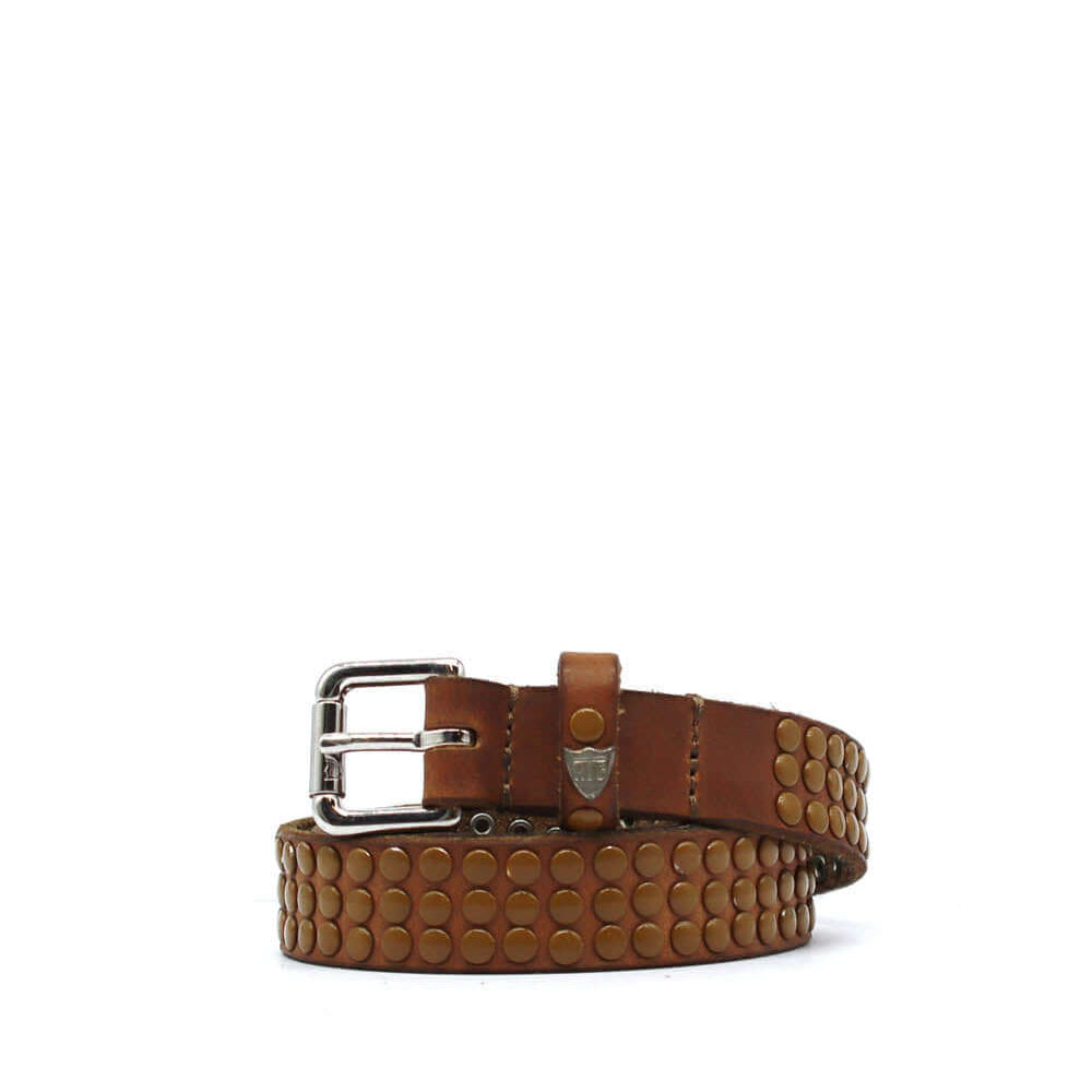 Hollywood Trading Company 3.000 STUDS COLORBLOCK BELT 3.000 STUDS COLORBLOCK BELT Tobacco Leather belt with mixed studs, brass buckle, studded zamac belt loop with HTC logo rivet. Height: 2 cm. Made in Italy. BELTS Hollywood Trading Company Hollywood Trad
