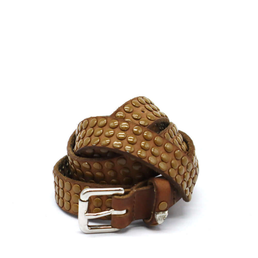 Hollywood Trading Company 3.000 STUDS COLORBLOCK BELT 3.000 STUDS COLORBLOCK BELT Tobacco Leather belt with mixed studs, brass buckle, studded zamac belt loop with HTC logo rivet. Height: 2 cm. Made in Italy. BELTS Hollywood Trading Company Hollywood Trad