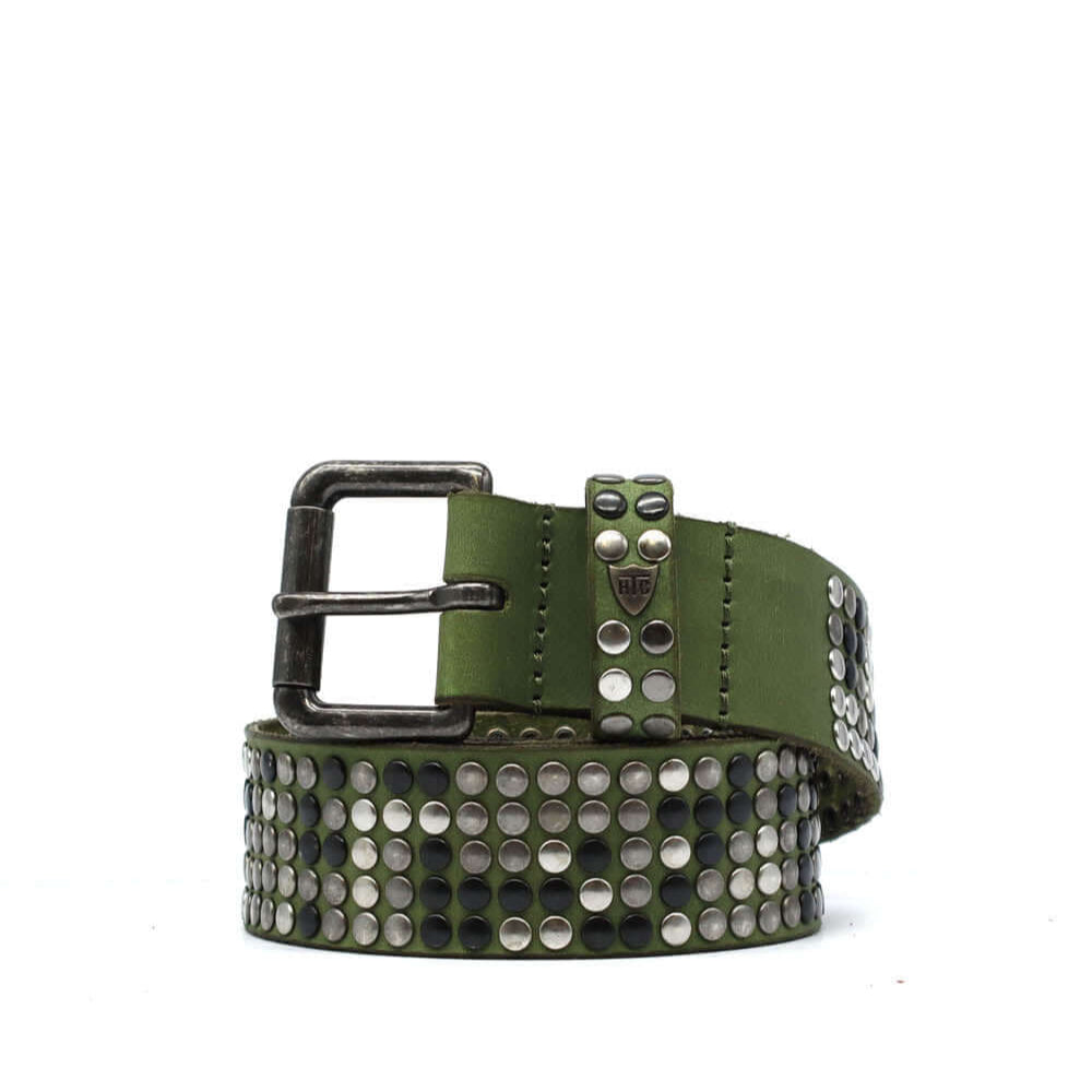 Hollywood Trading Company 5.000 STUDS COLOR BELT 5.000 STUDS COLOR BELT Leather belt with mixed studs, brass buckle, studded zamac belt loop with HTC logo rivet. Height: 3.5 cm. Made in Italy. Color: Olive BELTS Hollywood Trading Company Hollywood Trading