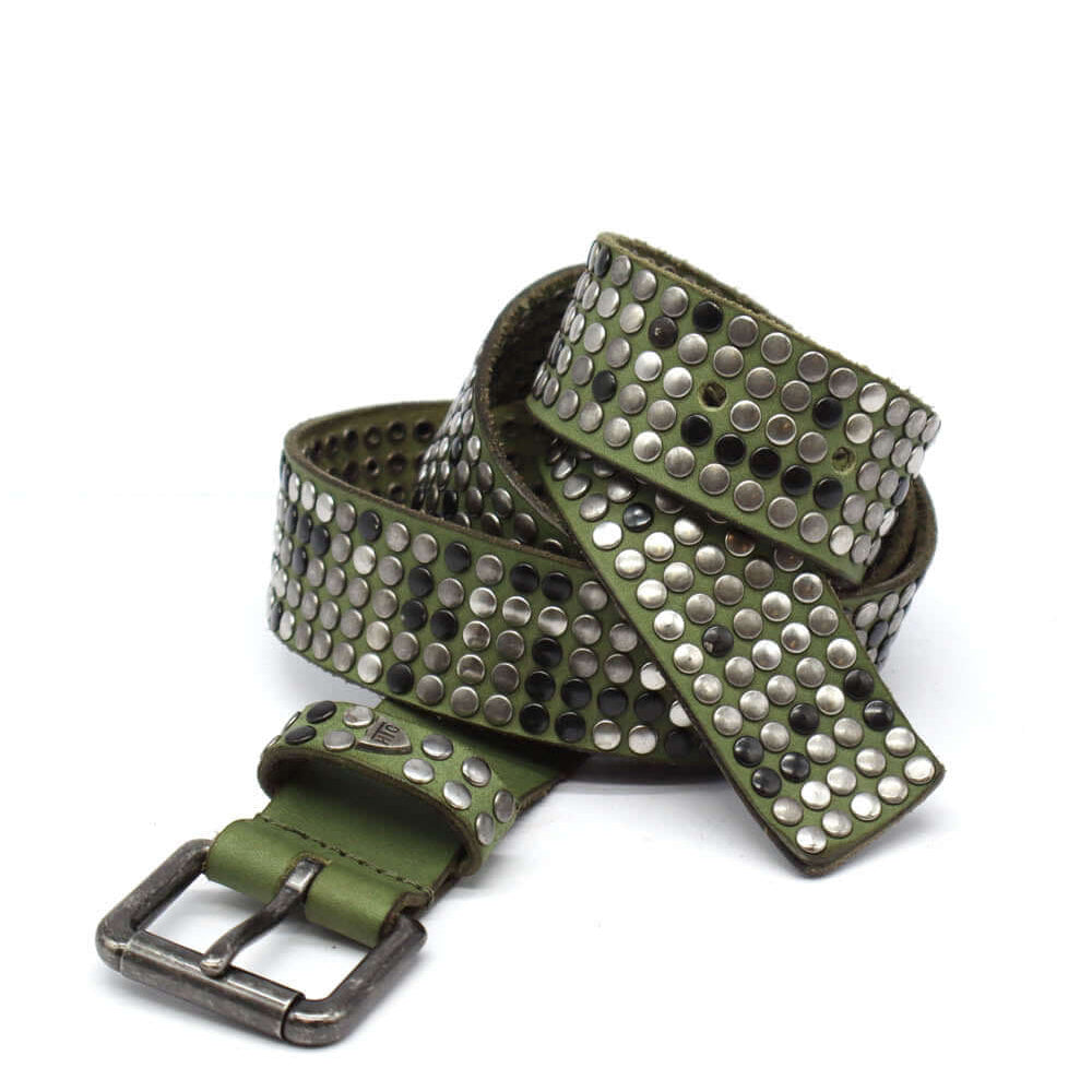 Hollywood Trading Company 5.000 STUDS COLOR BELT 5.000 STUDS COLOR BELT Leather belt with mixed studs, brass buckle, studded zamac belt loop with HTC logo rivet. Height: 3.5 cm. Made in Italy. Color: Olive BELTS Hollywood Trading Company Hollywood Trading
