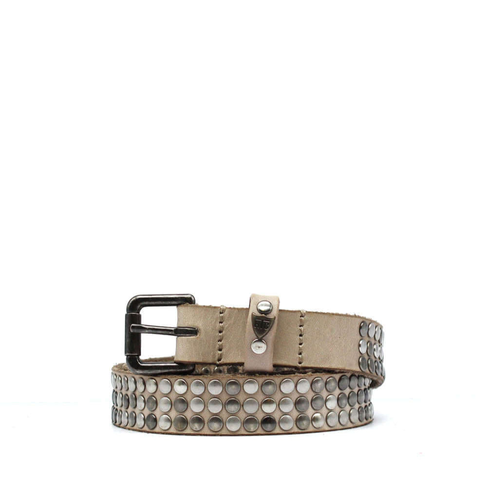 Hollywood Trading Company 3.000 STUDS COLOR BELT 3.000 STUDS COLOR BELT Taupe Leather belt with mixed studs, brass buckle, studded zamac belt loop with HTC logo rivet. Height: 2 cm. Made in Italy. BELTS Hollywood Trading Company Hollywood Trading Company