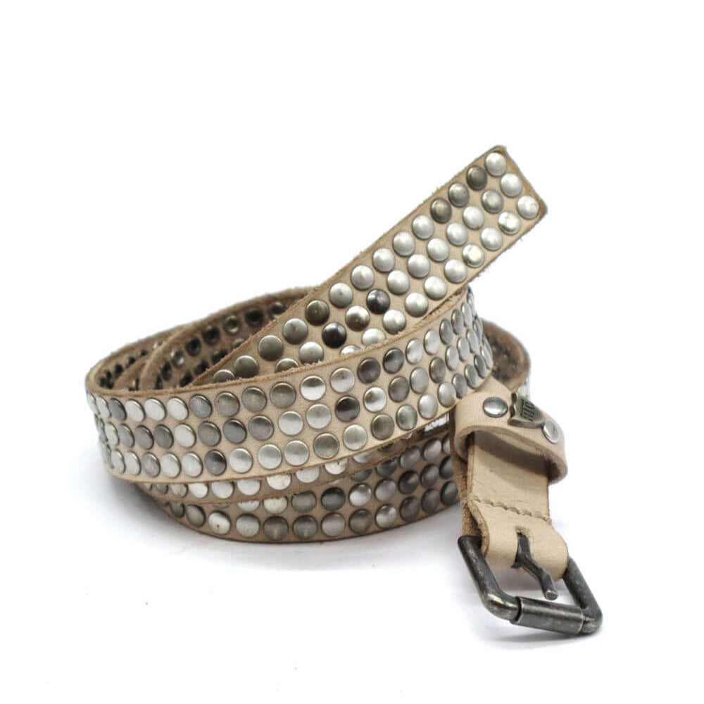 Hollywood Trading Company 3.000 STUDS COLOR BELT 3.000 STUDS COLOR BELT Taupe Leather belt with mixed studs, brass buckle, studded zamac belt loop with HTC logo rivet. Height: 2 cm. Made in Italy. BELTS Hollywood Trading Company Hollywood Trading Company
