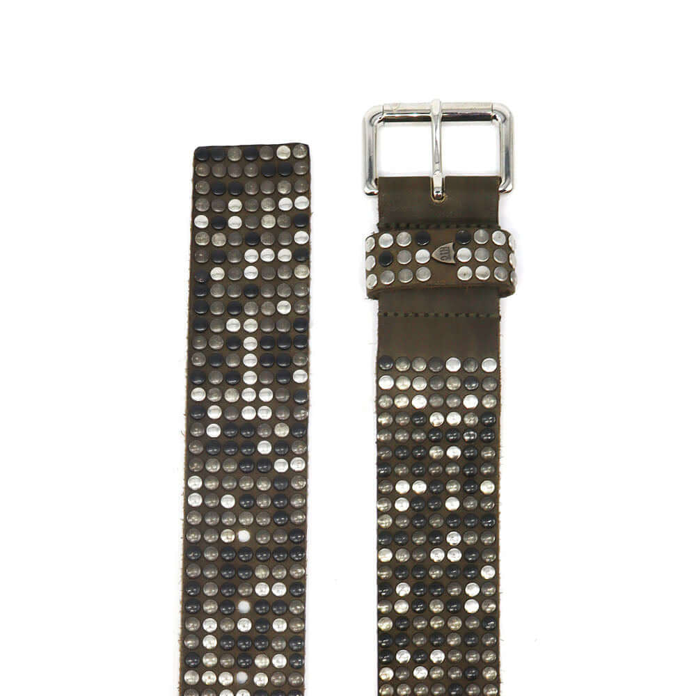 Hollywood Trading Company 10.000 STUDS COLOR BELT 10.000 STUDS COLOR BELT Leather belt with mixed studs, brass buckle, studded zamac belt loop with HTC logo rivet. Made in Italy. BELTS Hollywood Trading Company Hollywood Trading Company