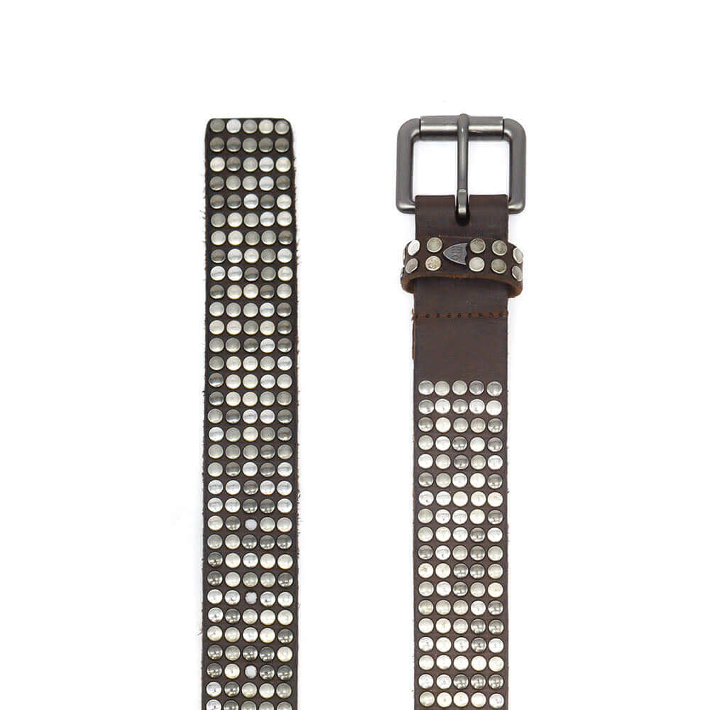 Hollywood Trading Company 5.000 STUDS BELT BROWN 5.000 STUDS BELT BROWN Brown leather belt with studs, brass buckle, studded zamac belt loop with HTC logo rivet. Height: 3.5 cm. Made in Italy. BELTS Hollywood Trading Company Hollywood Trading Company